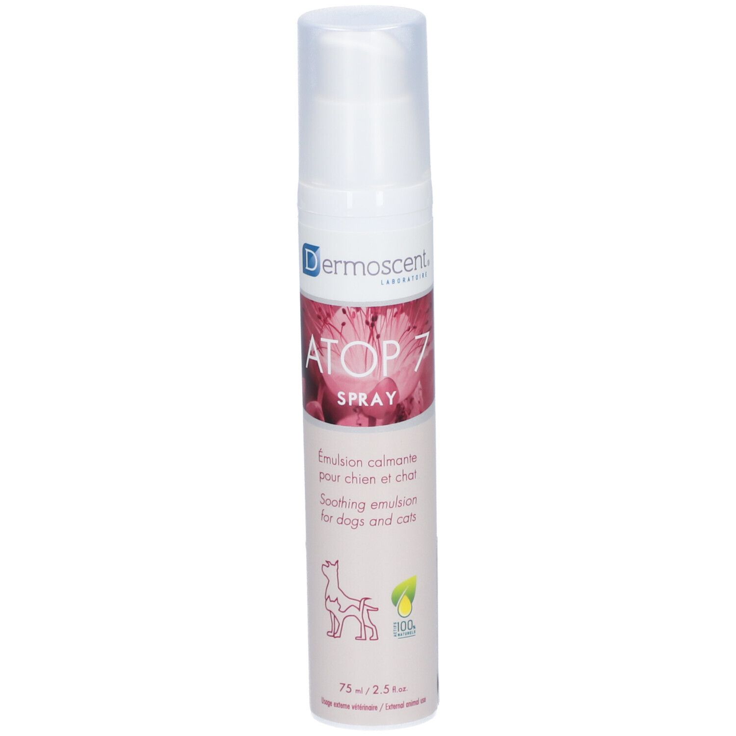 Witte spray met roze etiket. Opschrift: ATOP 7 SPRAY, verzachtende emulsie voor honden en katten. 75 ml.