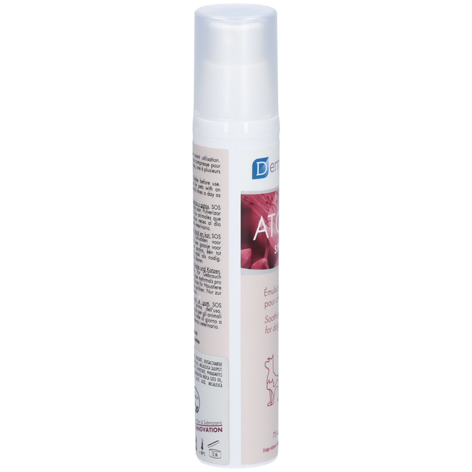 Witte spray met roze etiket. Tekst in het Frans, Engels, Duits, Nederlands. Bevat gebruiksinformatie.