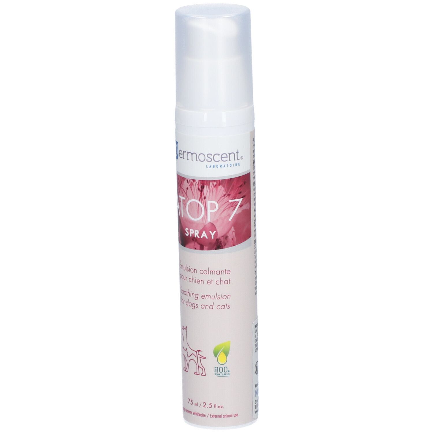 Witte spray met roze etiket. Opschrift: ATOP 7 SPRAY, verzachtende emulsie voor honden en katten. 75 ml.