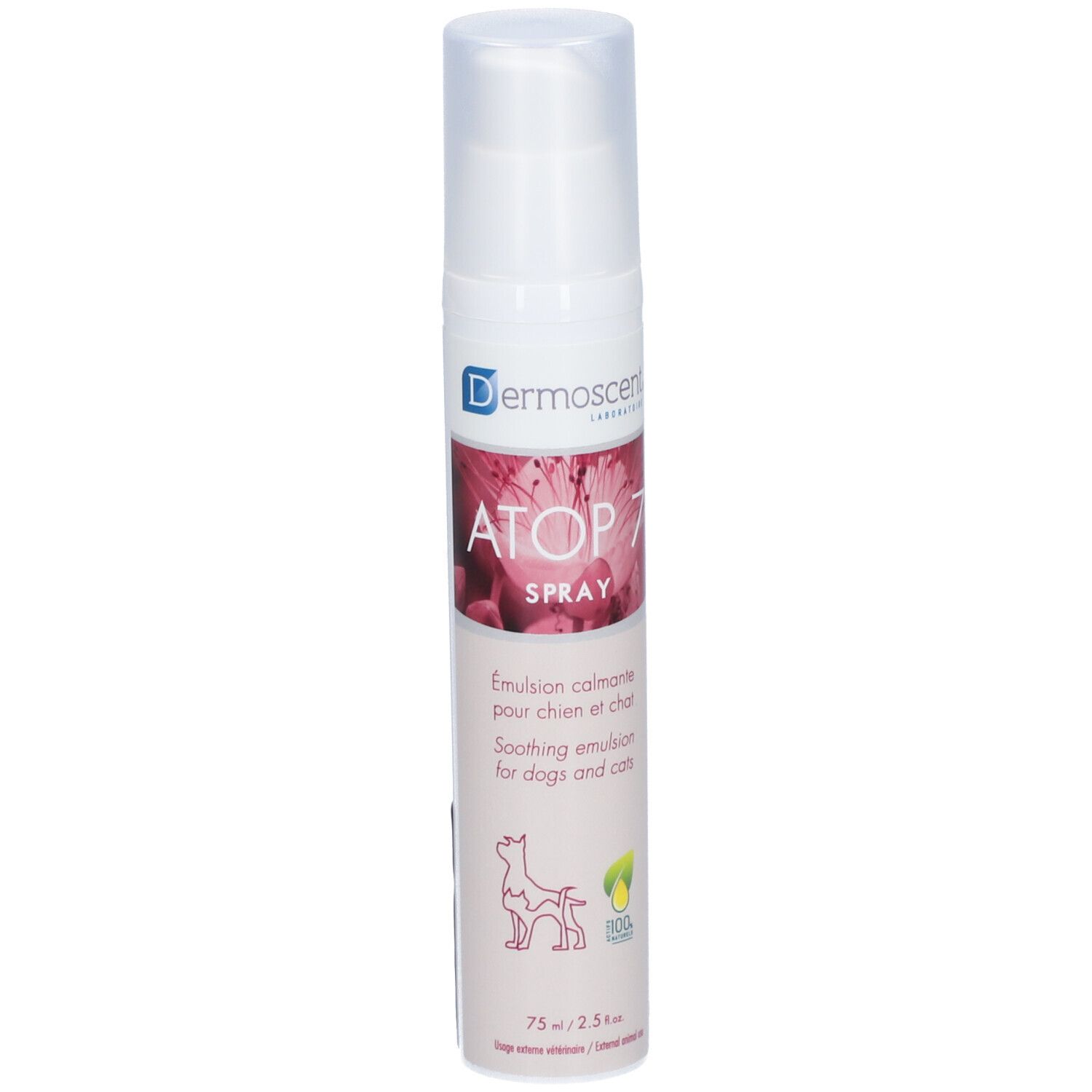 Witte spray met roze etiket. Opschrift: ATOP 7 SPRAY, verzachtende emulsie voor honden en katten. 75 ml.