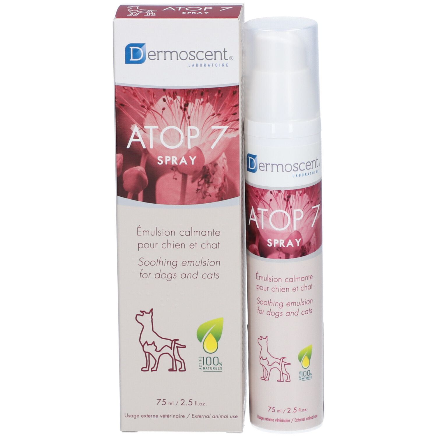 Productverpakking met spray en doos. Opschrift: ATOP 7 SPRAY, verzachtende emulsie voor honden en katten. 75 ml.