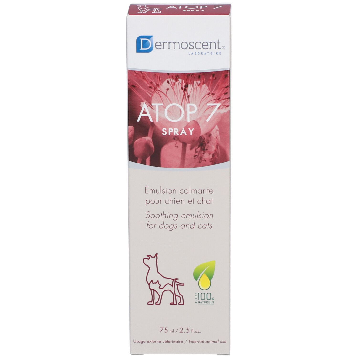 Productverpakking met doos. Opschrift: ATOP 7 SPRAY, verzachtende emulsie voor honden en katten. 75 ml.