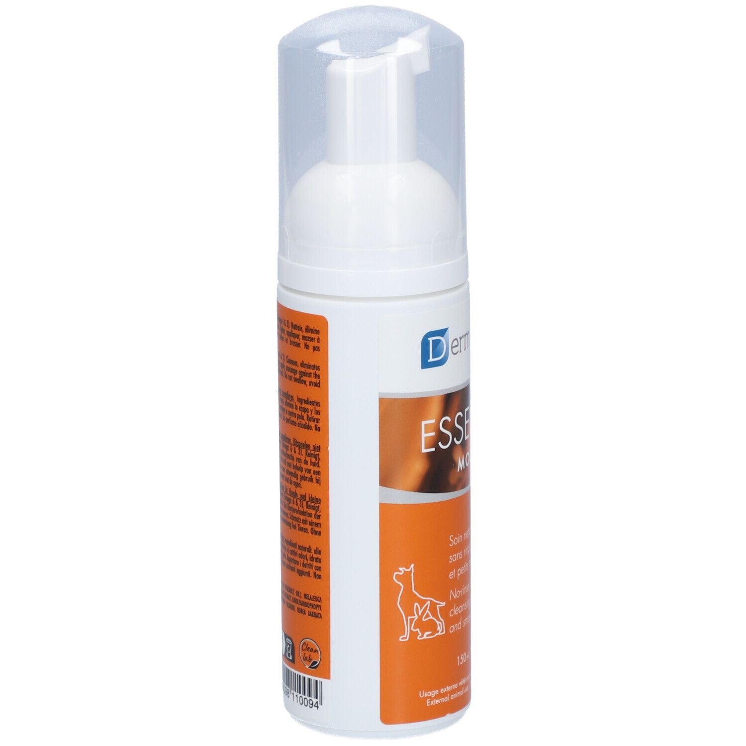 Weiße Flasche mit orangefarbenem Etikett. Text: ESSENTIAL MOUSSE. Für Hunde und kleine Säugetiere. Rückseite mit Text.