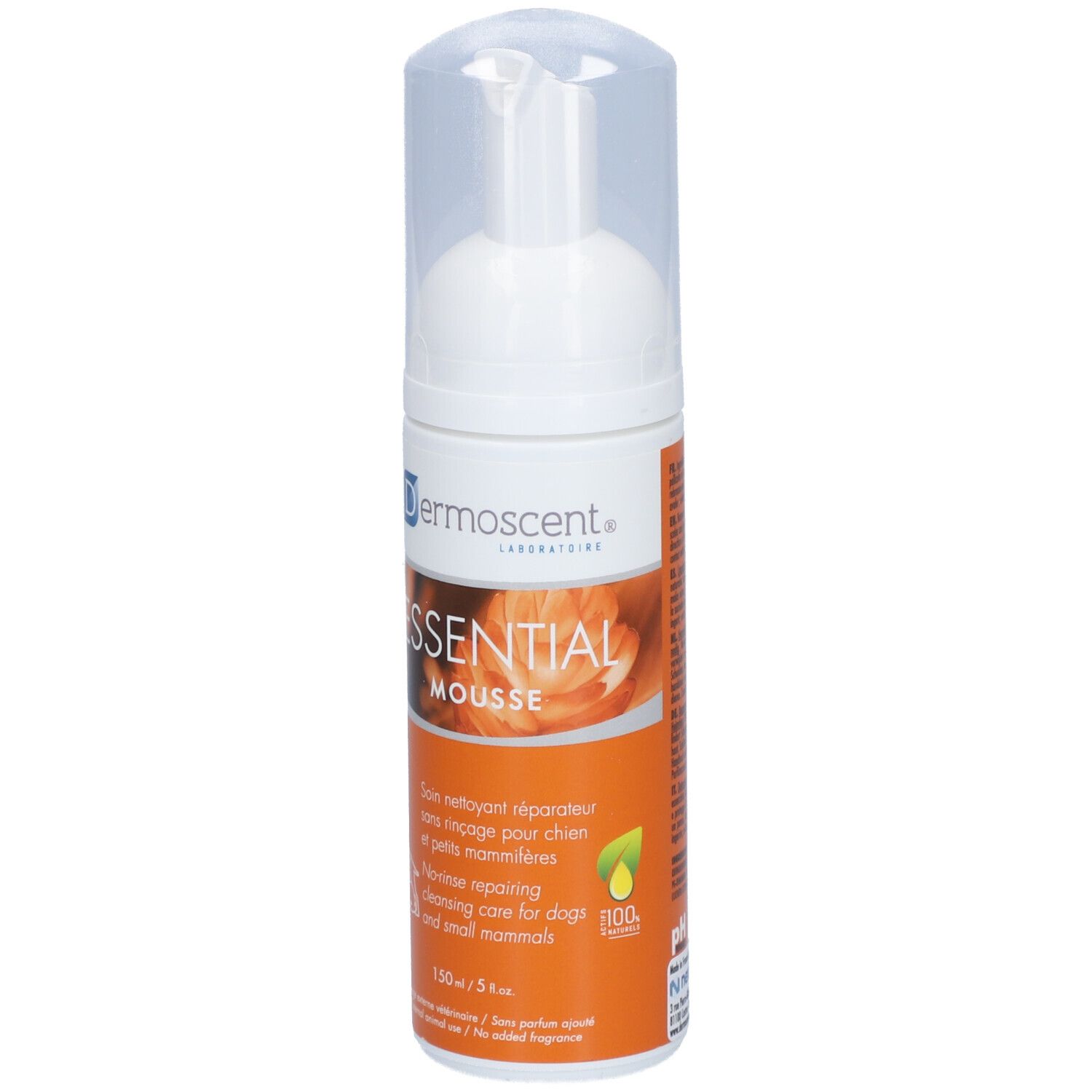 Weiß-orangefarbene Flasche mit Sprühkopf. Aufschrift: ESSENTIAL MOUSSE. Für Hunde und kleine Säugetiere. 150 ml.