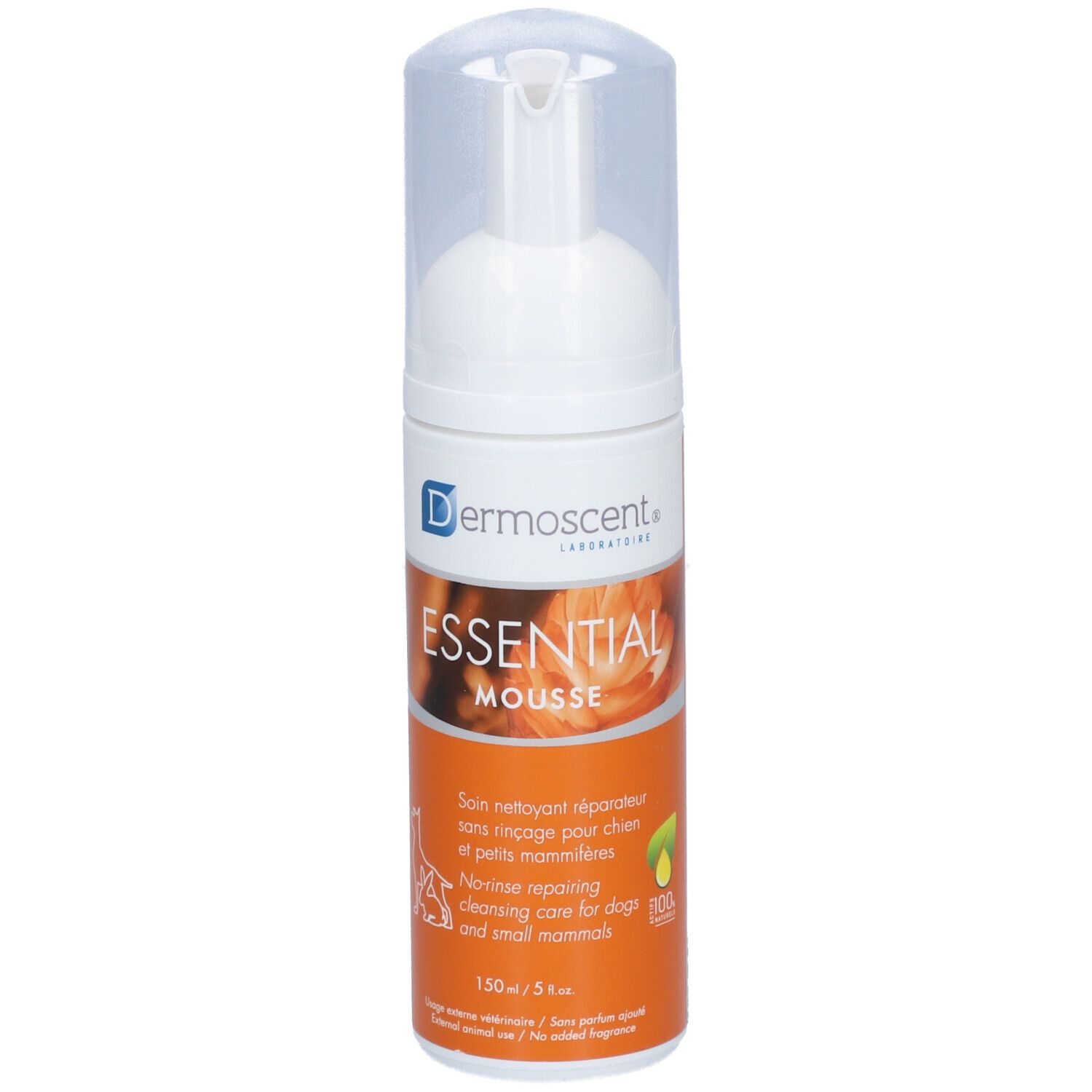 Weiß-orangefarbene Flasche mit Sprühkopf. Aufschrift: ESSENTIAL MOUSSE. Für Hunde und kleine Säugetiere. 150 ml.
