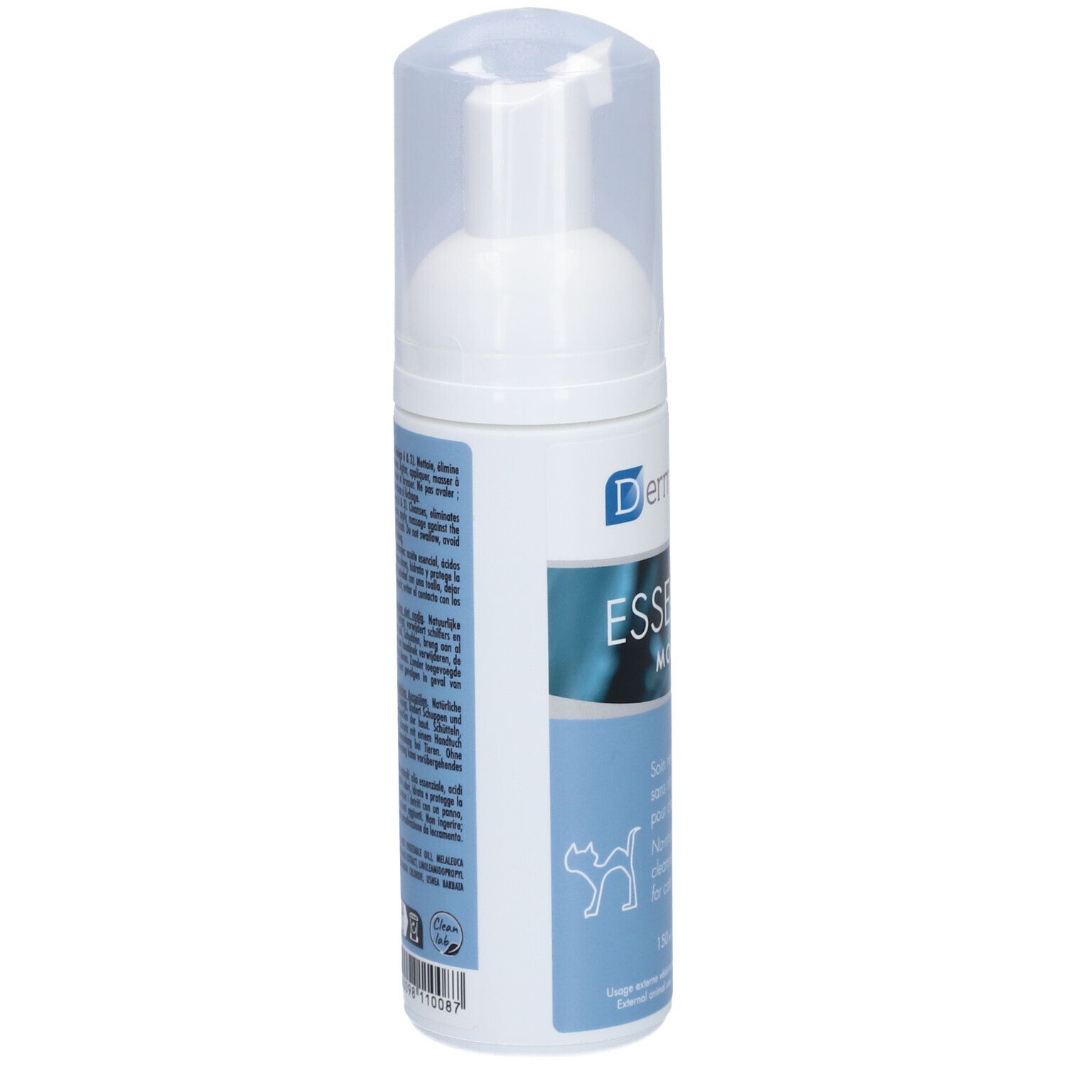 Weiße Flasche mit Sprühkopf. Aufschrift: Dermoscent, Essential Mousse. Text und Informationen auf der Seite.
