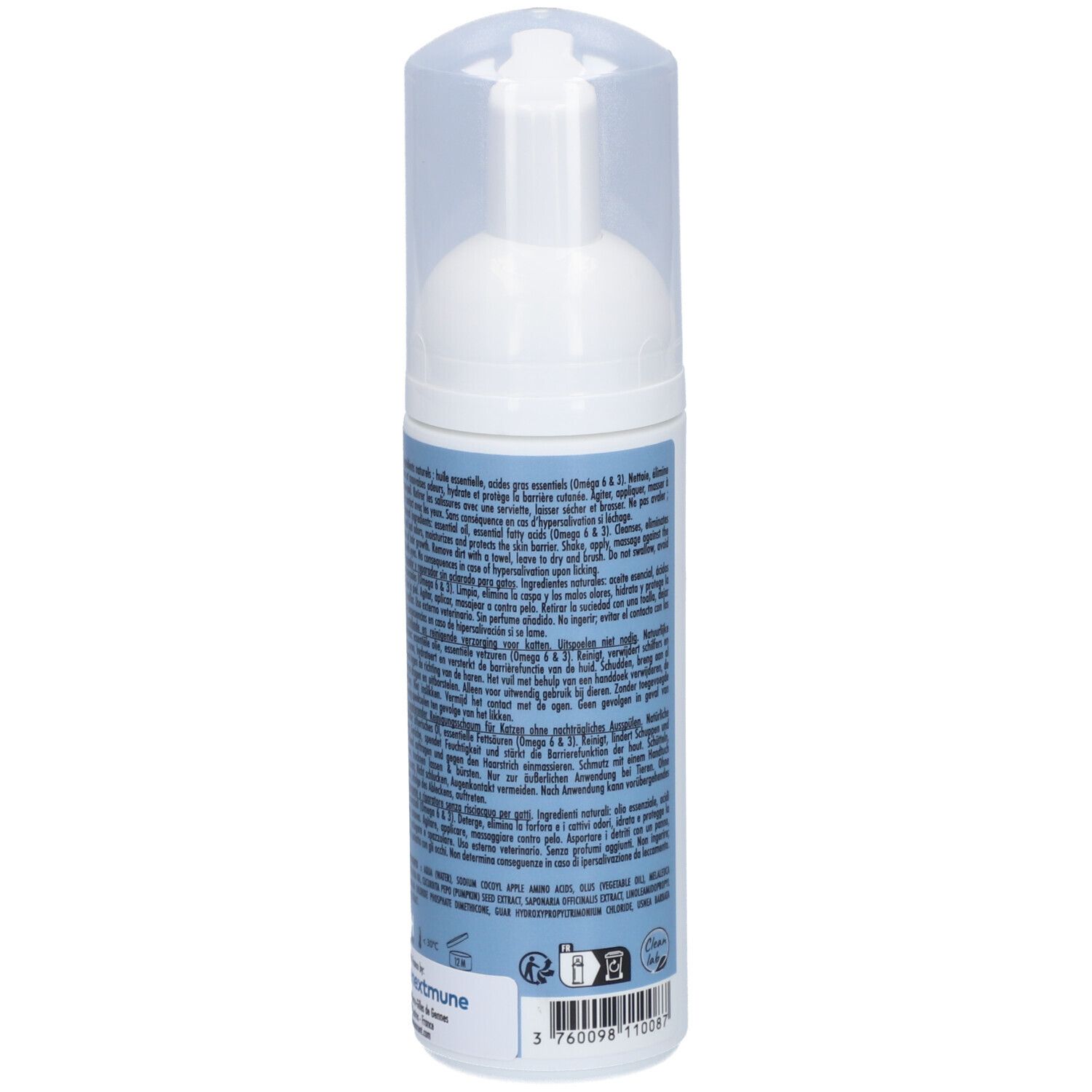 Weiße Flasche mit Sprühkopf. Rückseite mit Text. Aufschrift: Dermoscent, Essential Mousse. Informationen und Inhaltsstoffe.