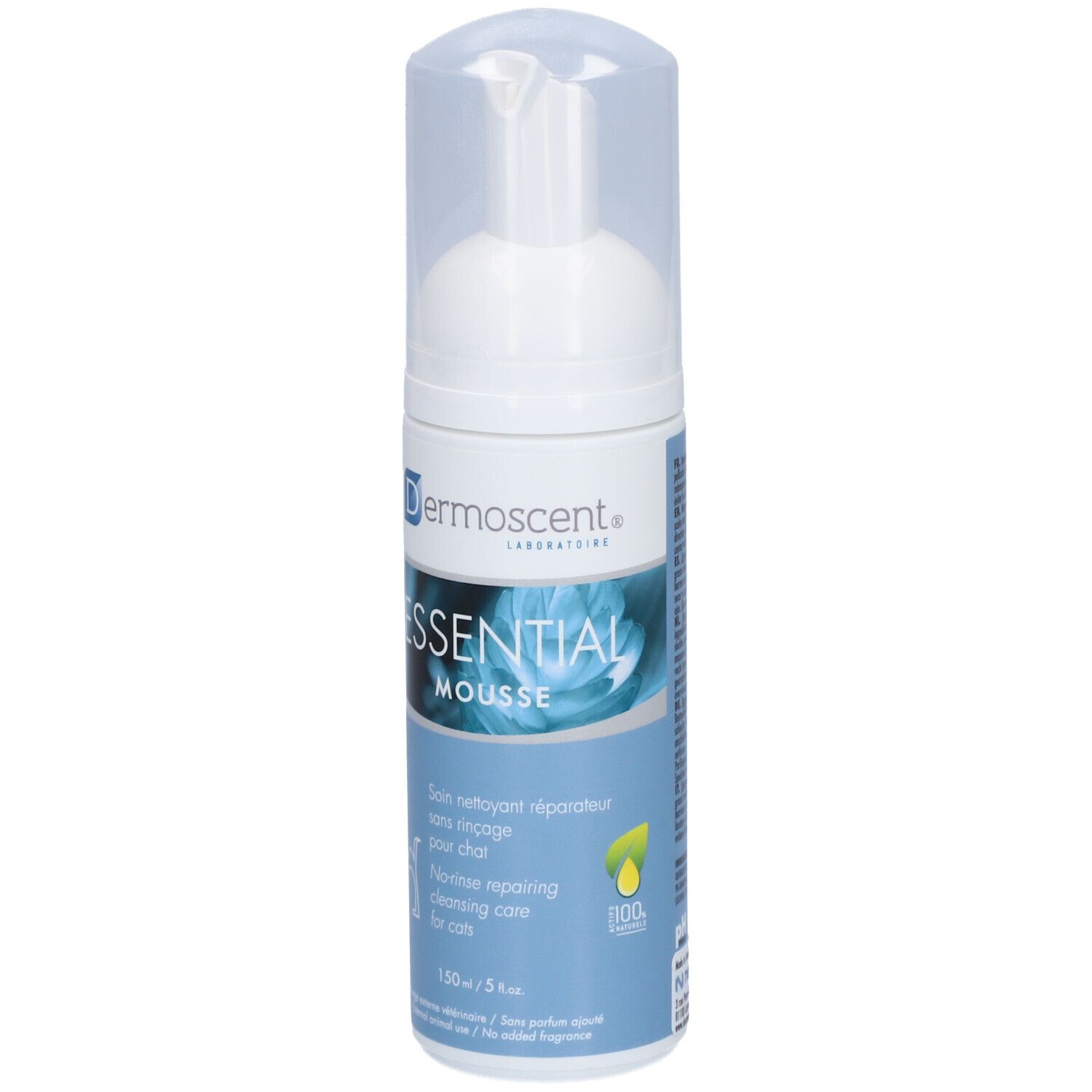 Weiße Flasche mit Sprühkopf. Aufschrift: Dermoscent, Essential Mousse. Text: Reinigungspflege für Katzen. 150 ml.