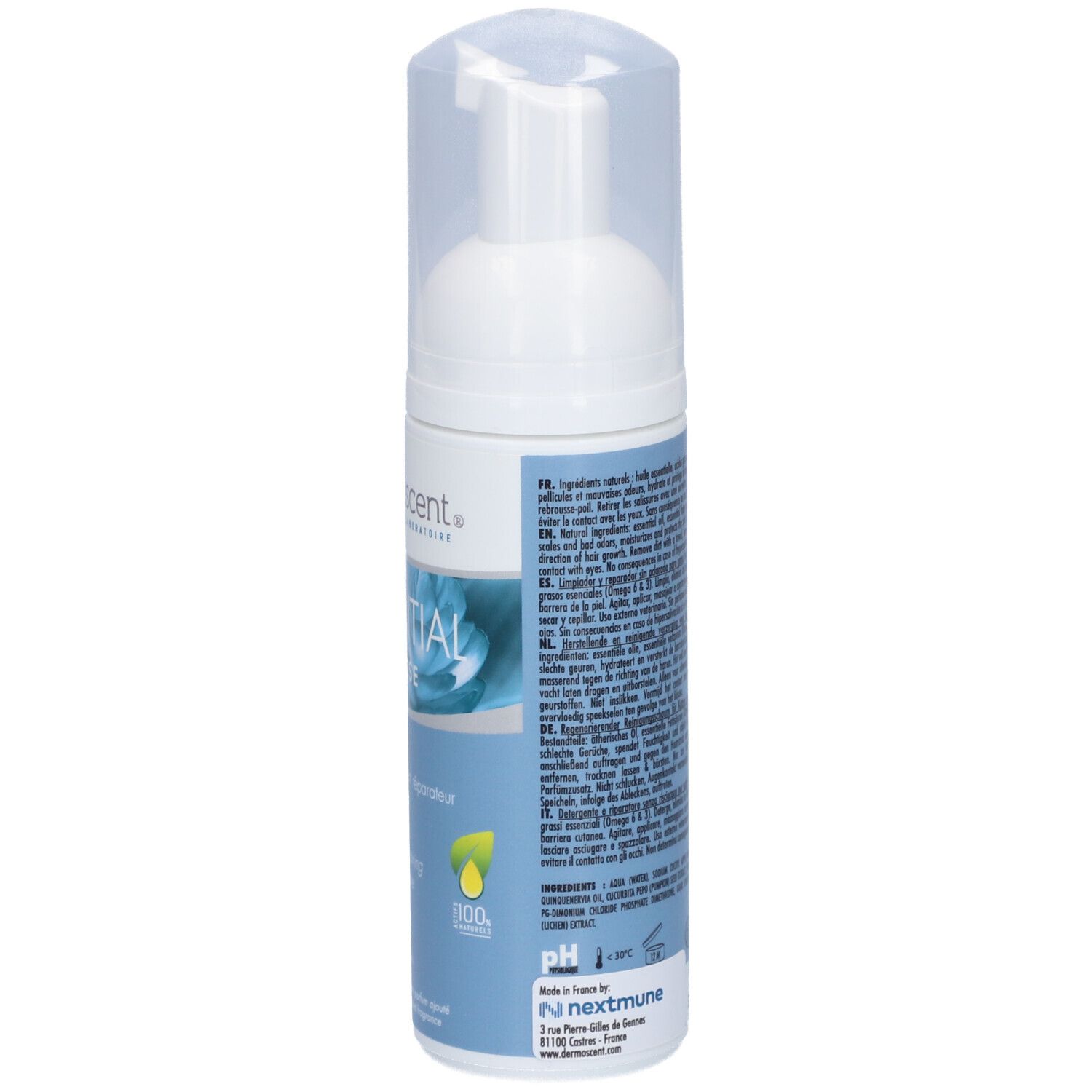 Weiße Flasche mit Sprühkopf. Rückseite mit Text. Aufschrift: Dermoscent, Essential Mousse. Informationen und Inhaltsstoffe.