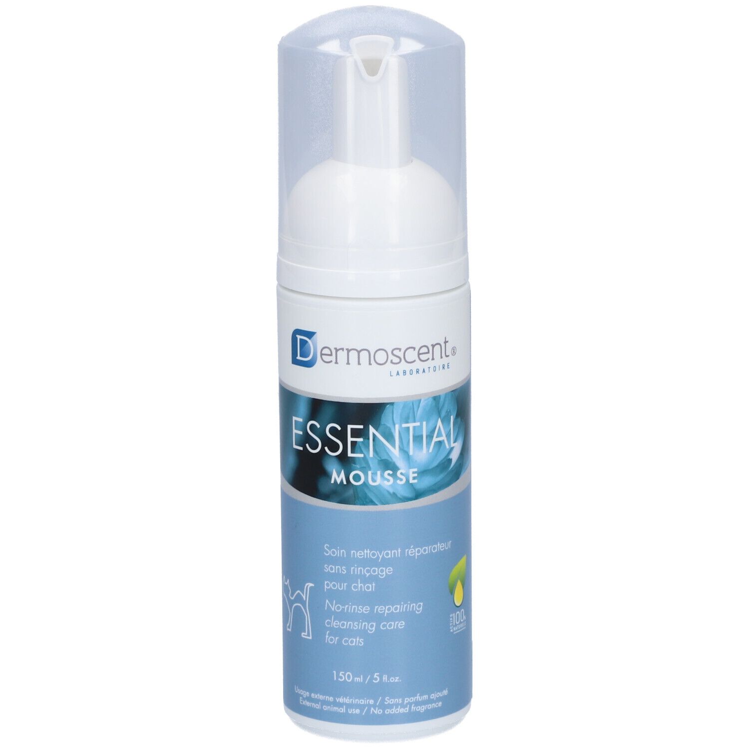 Weiße Flasche mit Sprühkopf. Aufschrift: Dermoscent, Essential Mousse. Text: Reinigungspflege für Katzen. 150 ml.