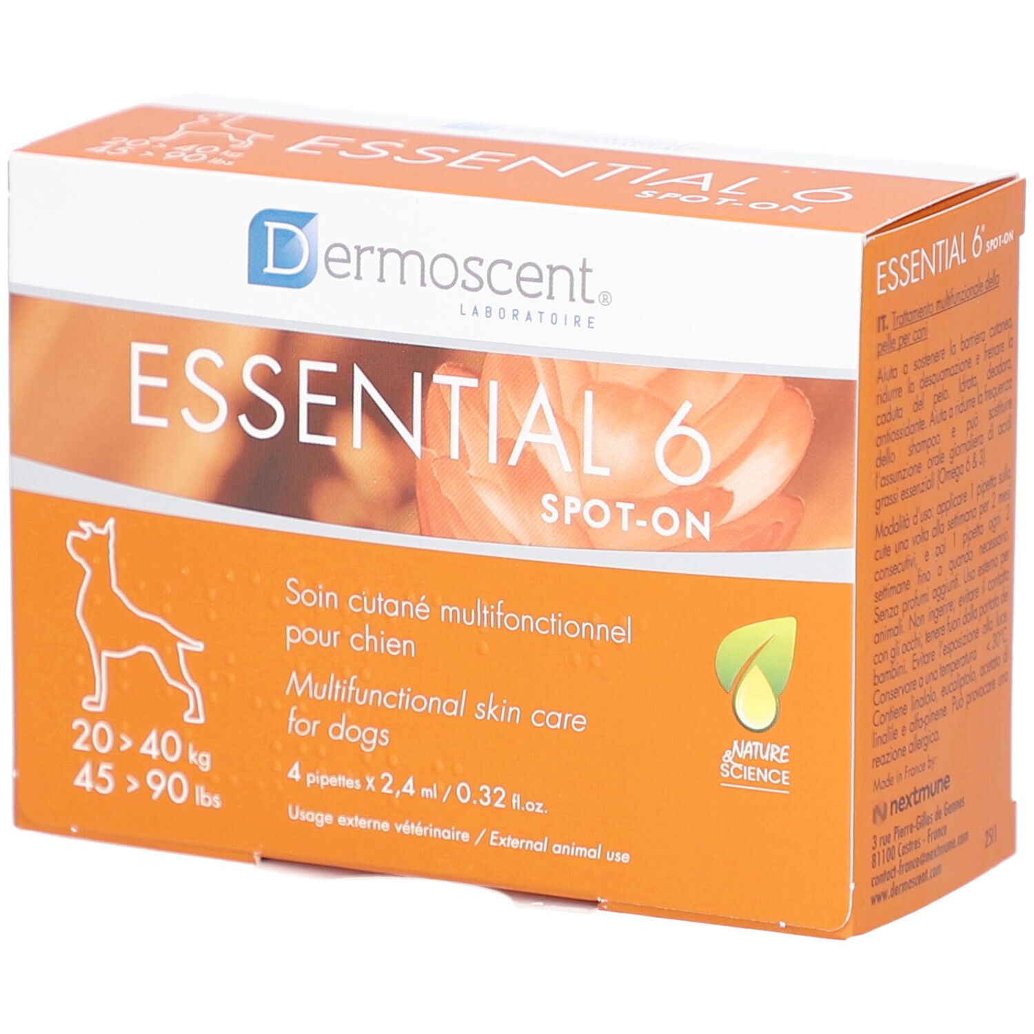 Orangefarbene Schachtel mit "ESSENTIAL 6 SPOT-ON"-Logo und Produktinformationen für Hunde. Enthält 4 Pipetten.