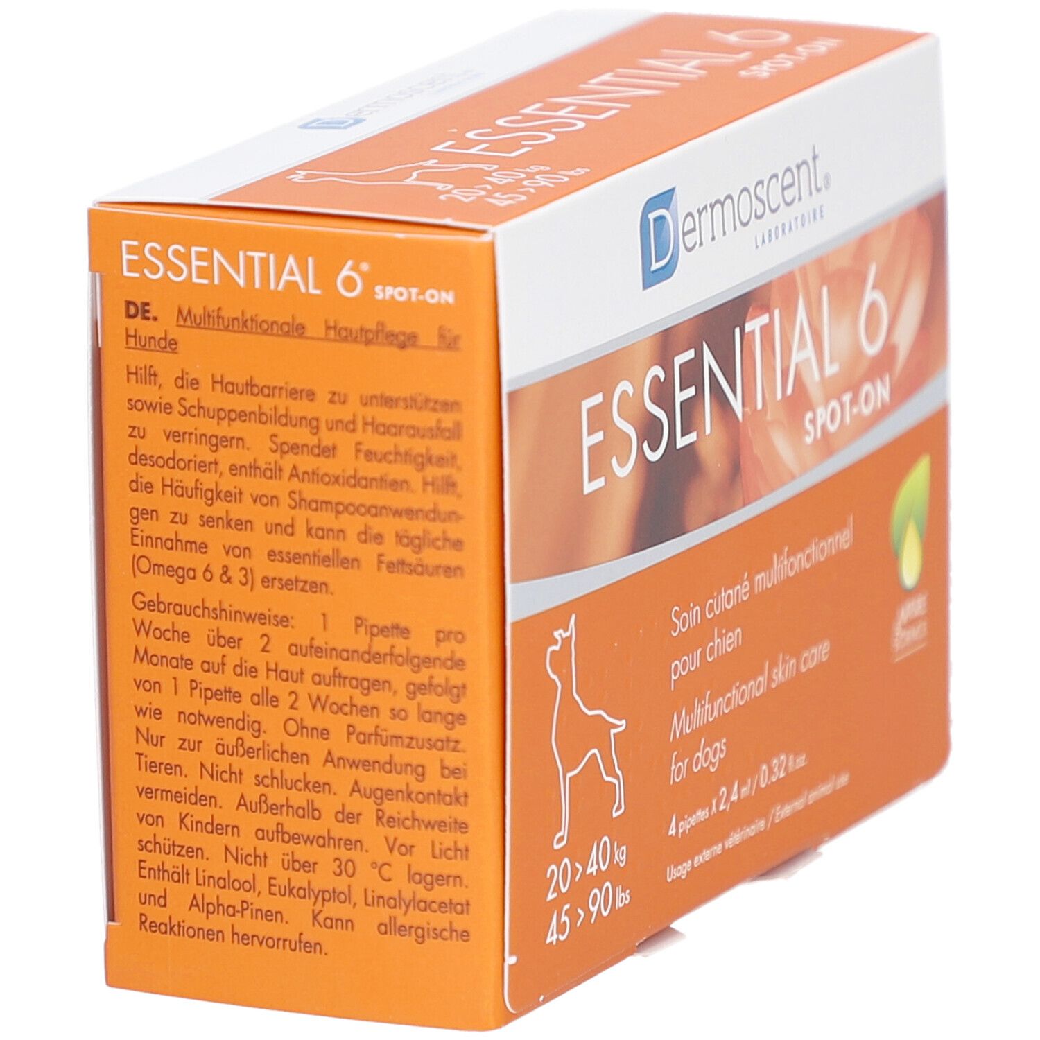 Orangefarbene Schachtel mit "ESSENTIAL 6 SPOT-ON"-Logo. Text: "Multifunktionale Hautpflege für Hunde". Enthält 4 Pipetten.