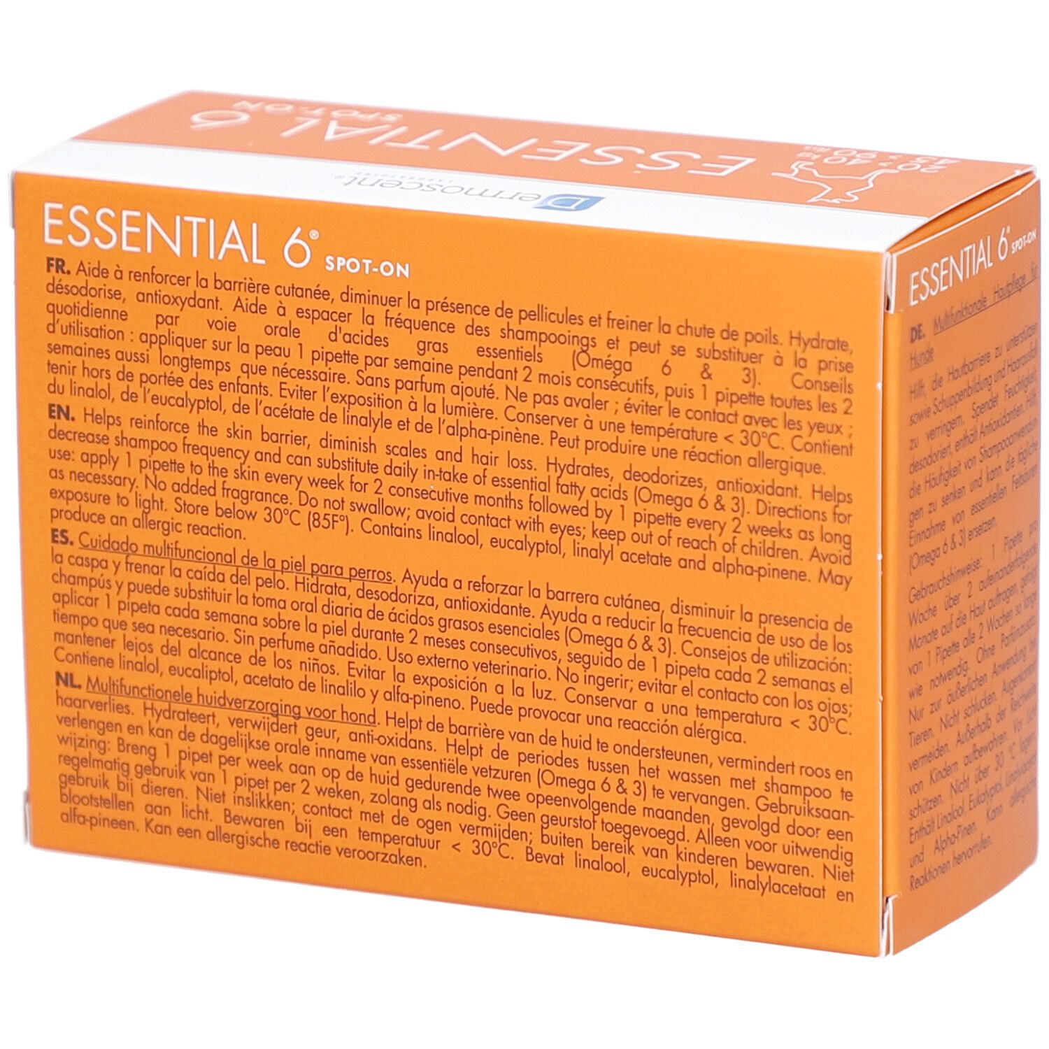 Orangefarbene Schachtel mit Text in mehreren Sprachen. "ESSENTIAL 6 SPOT-ON"-Logo. Enthält Informationen zur Anwendung.