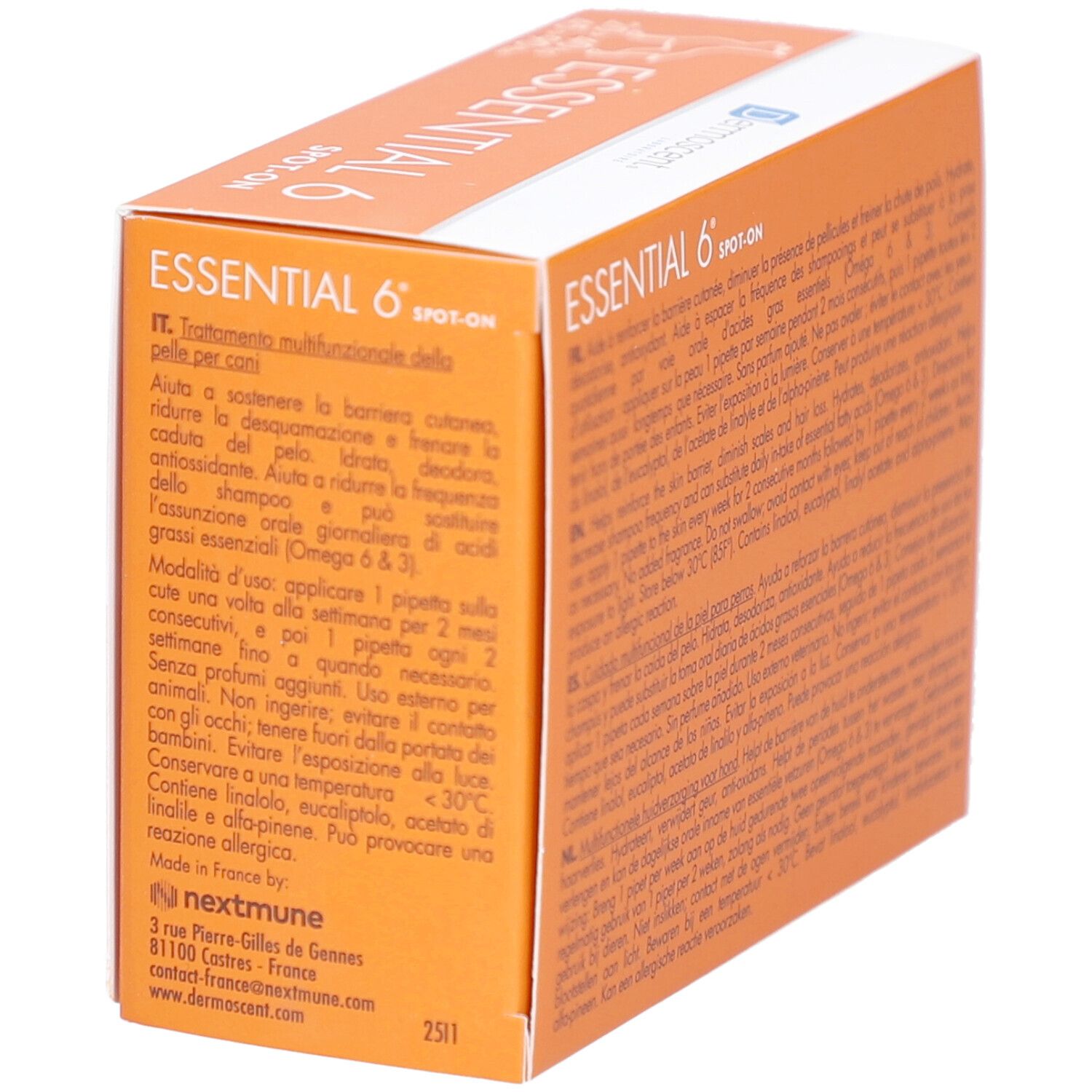 Orangefarbene Schachtel mit "ESSENTIAL 6 SPOT-ON"-Logo. Text in italienischer Sprache. Enthält Informationen zur Anwendung.