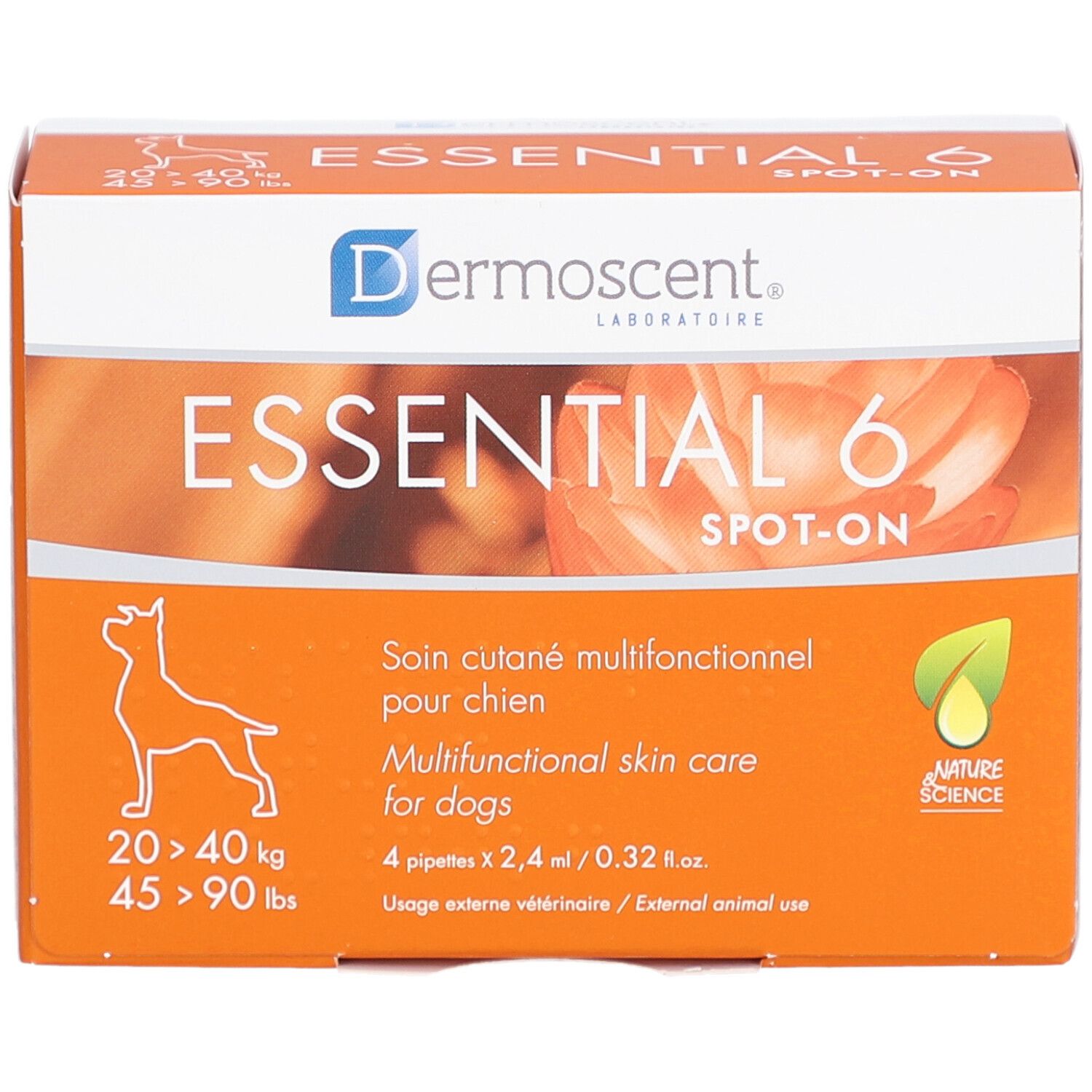 Orangefarbene Schachtel mit "ESSENTIAL 6 SPOT-ON"-Logo. Enthält 4 Pipetten. Text: "Soin cutané multifonctionnel pour chien".