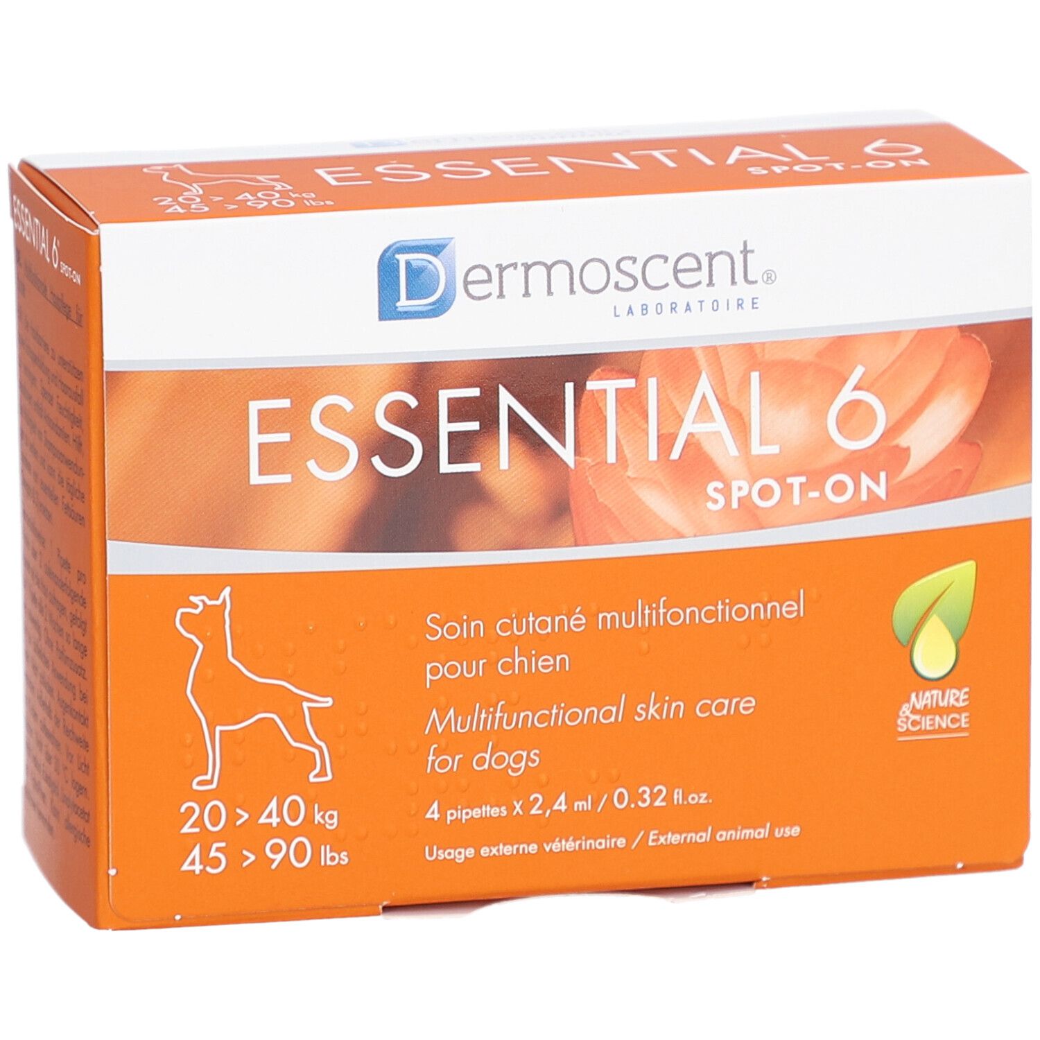 Orangefarbene Schachtel mit "ESSENTIAL 6 SPOT-ON"-Logo. Enthält 4 Pipetten. Text: "Soin cutané multifonctionnel pour chien".