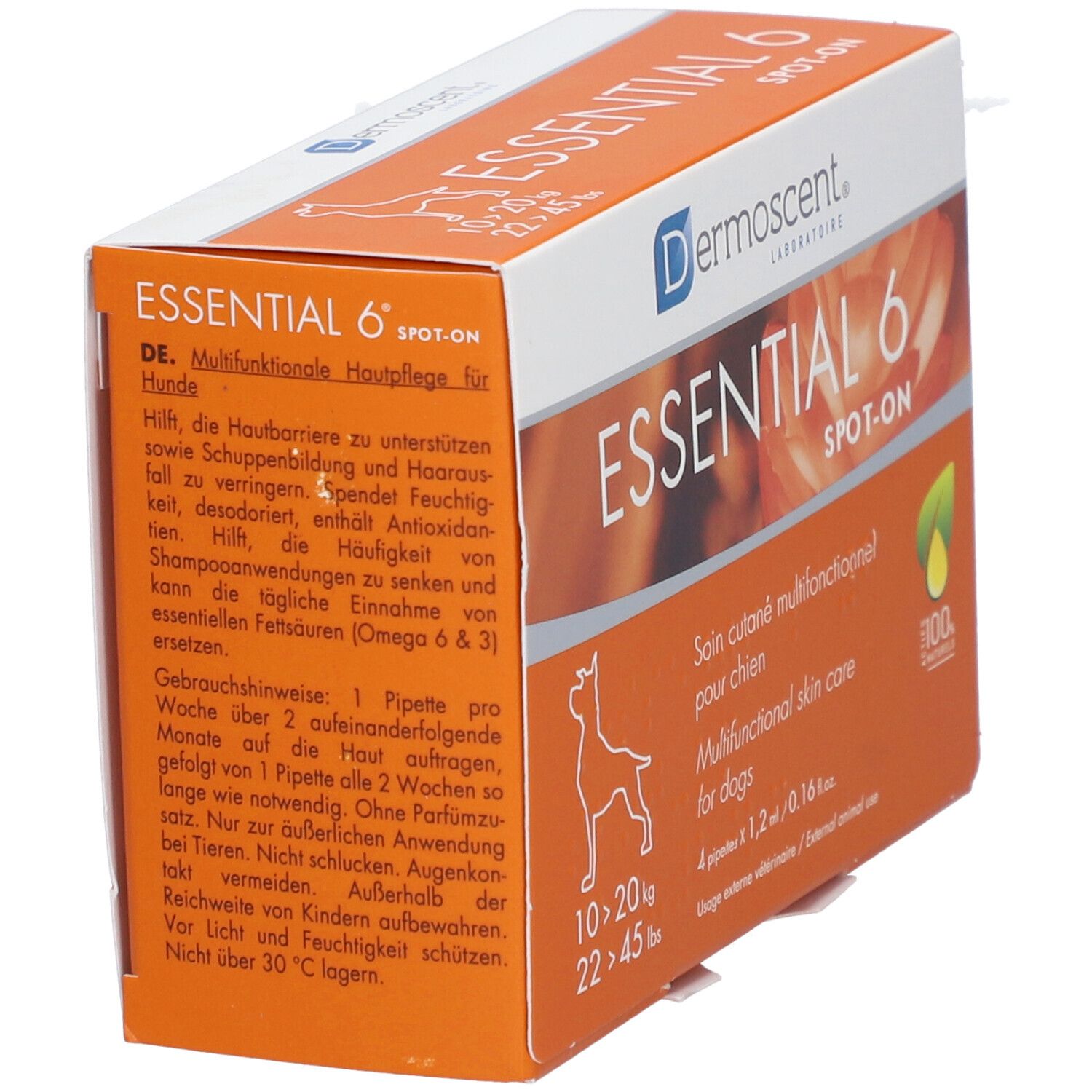 Orangefarbene Schachtel mit Produktnamen und Logo. Text in Deutsch. Enthält 4 Pipetten. Für Hunde.