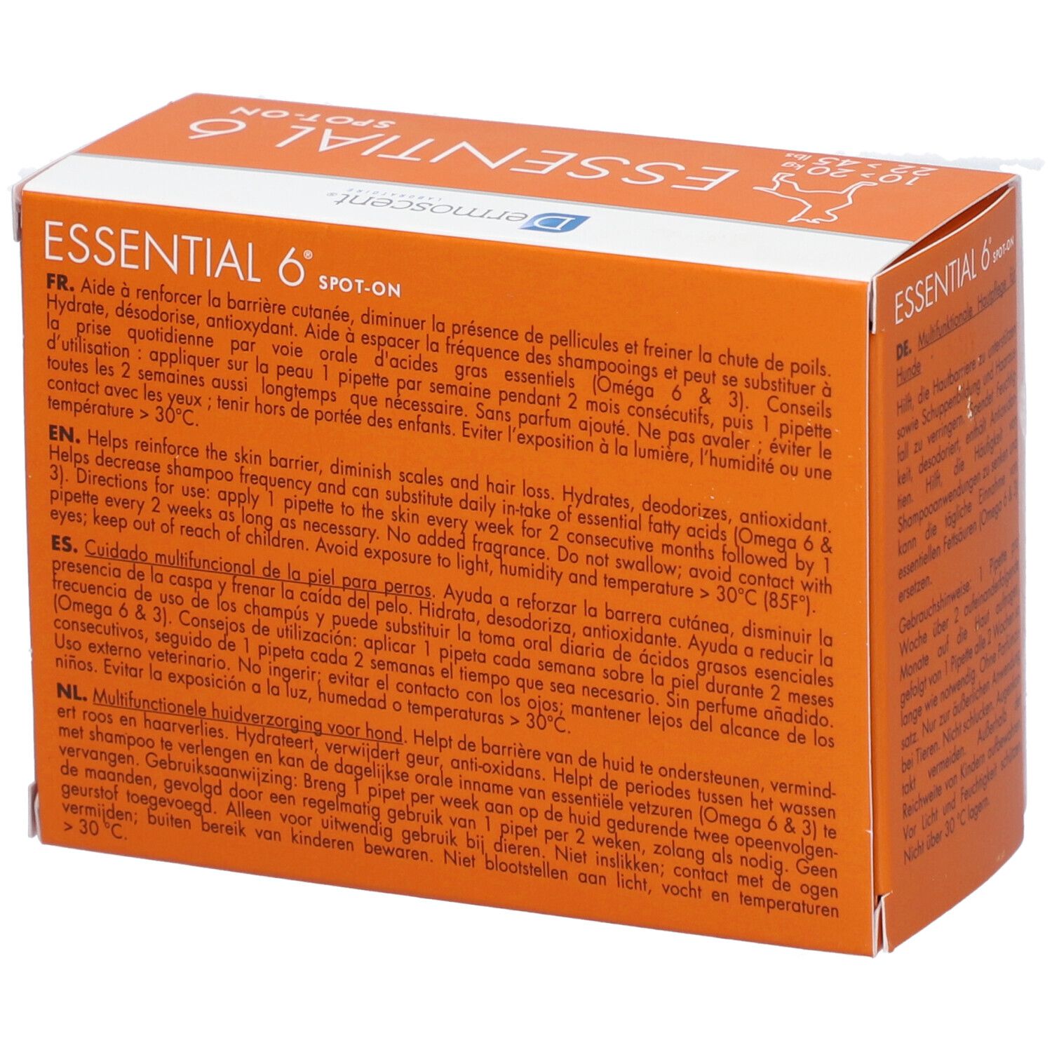 Orangefarbene Schachtel mit Produktnamen und Logo. Text in verschiedenen Sprachen. Für Hunde.