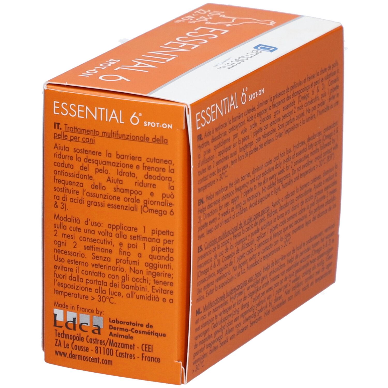 Orangefarbene Schachtel mit Produktnamen und Logo. Text in verschiedenen Sprachen. Für Hunde.