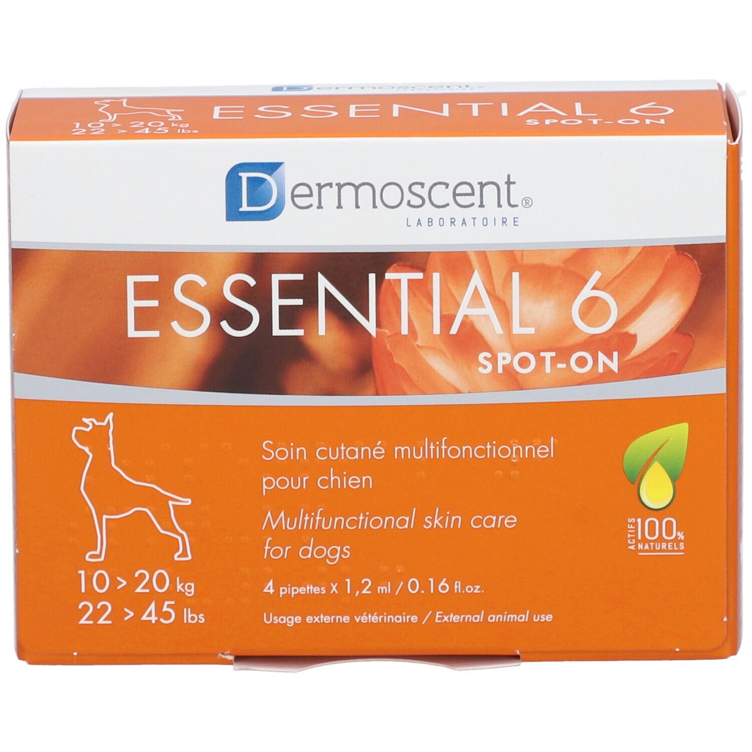 Orangefarbene Schachtel mit Produktnamen und Logo. Enthält 4 Pipetten. Für Hunde von 10-20 kg.
