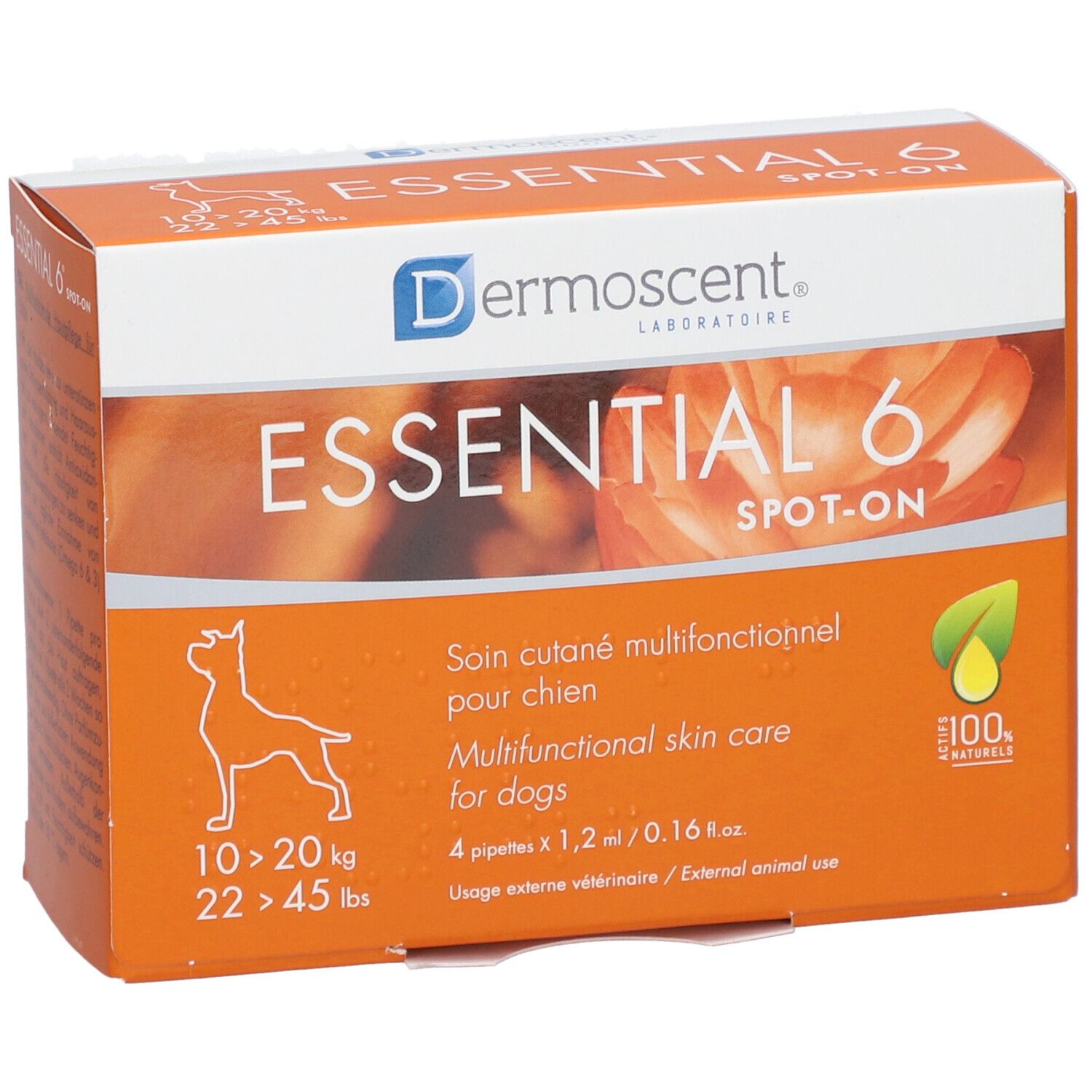 Orangefarbene Schachtel mit Produktnamen und Logo. Enthält 4 Pipetten. Für Hunde von 10-20 kg.