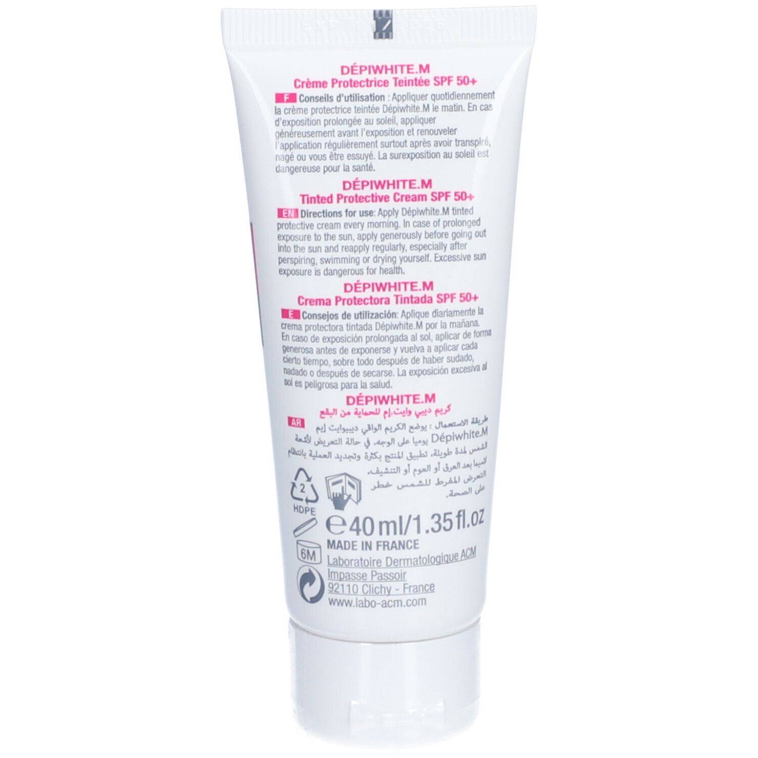 Rückseite der Creme-Tube. Text mit Anweisungen und Inhaltsstoffen. 40ml.