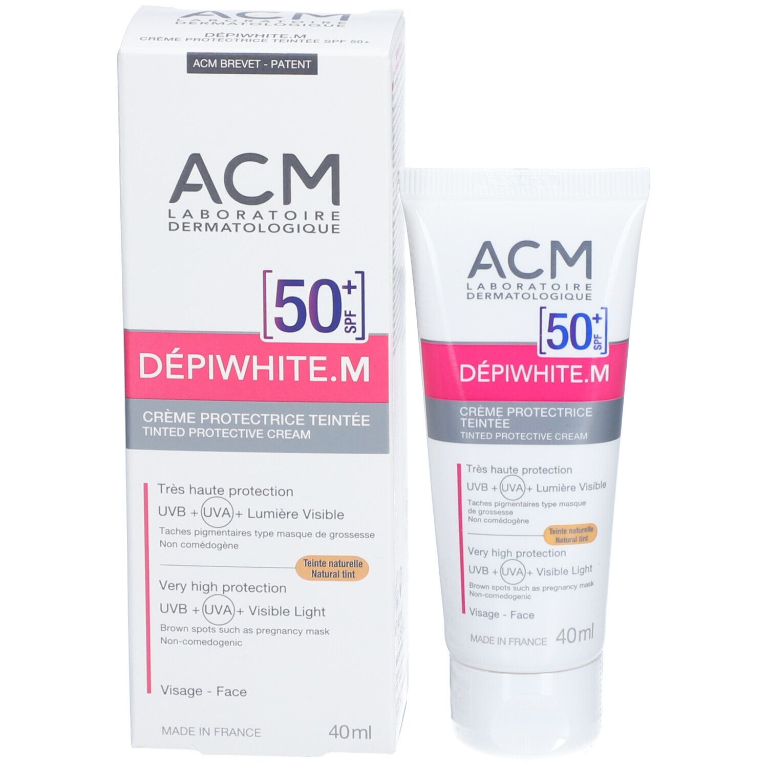 Produktverpackung: Schachtel und Tube. ACM Dépíwhite.M SPF 50+ teintée dorée. 40ml.
