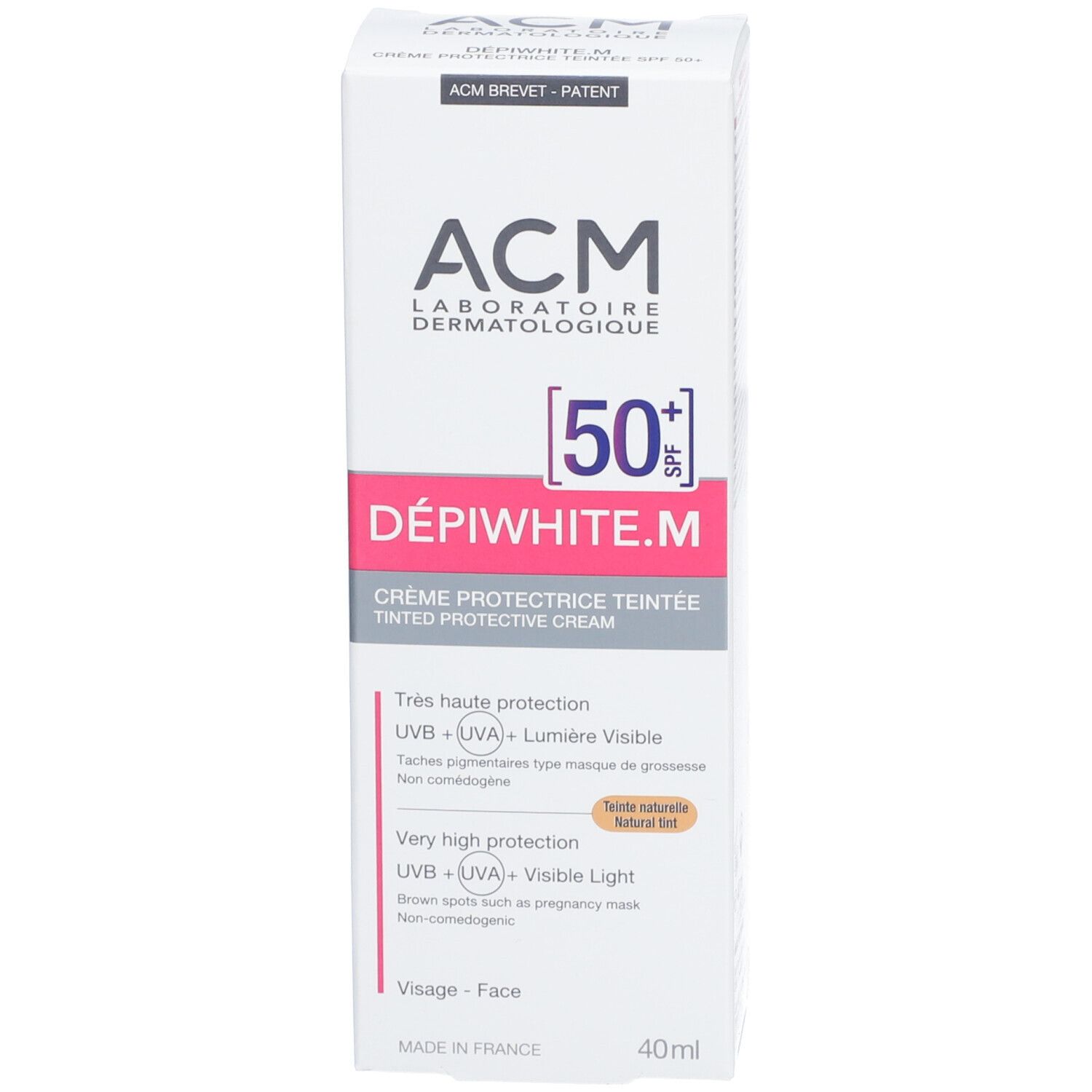 Produktverpackung: Schachtel. ACM Dépíwhite.M SPF 50+ teintée dorée. 40ml.