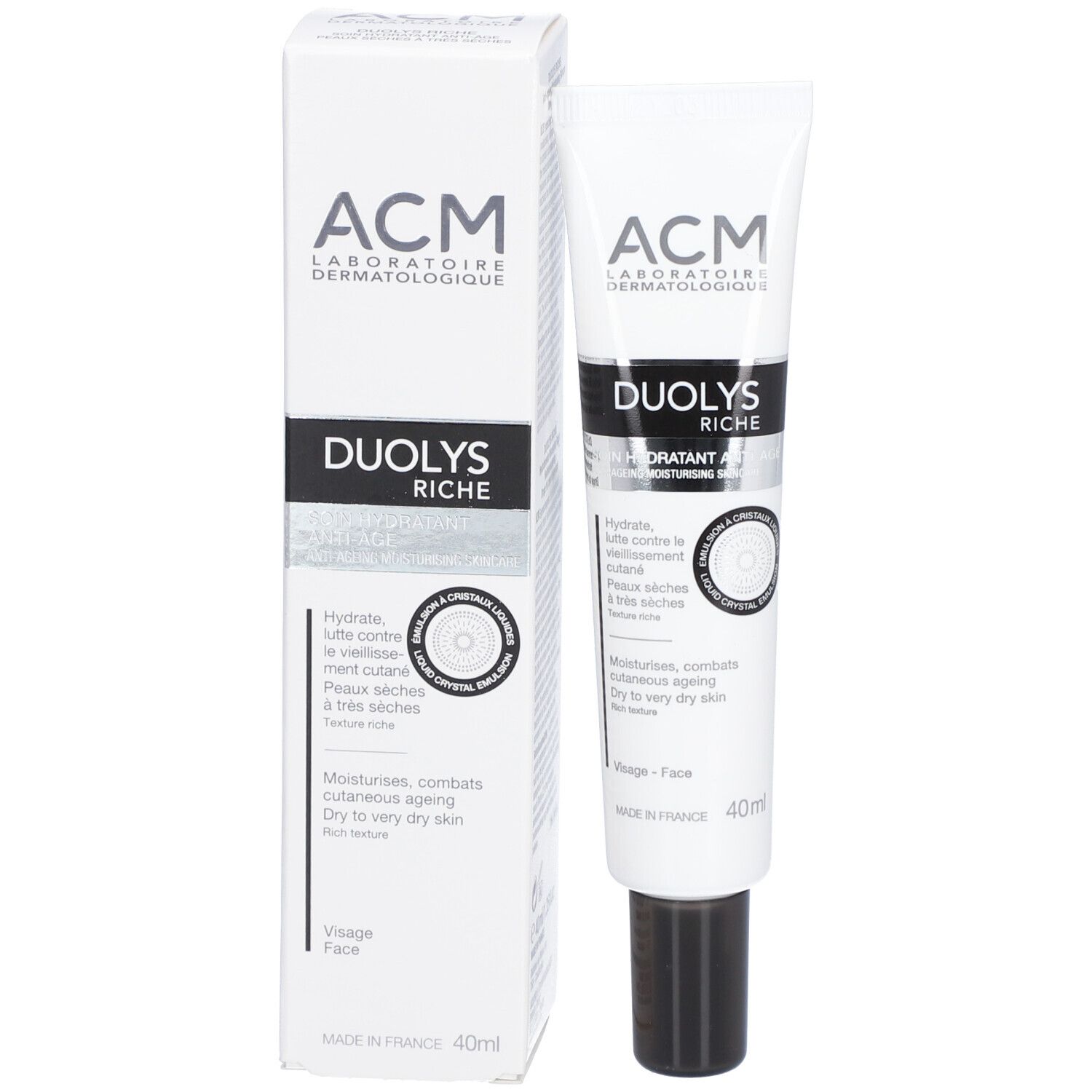Emballage du produit avec tube et boîte. Inscription: ACM, Duolys Riche. Pour peaux sèches. 40ml.