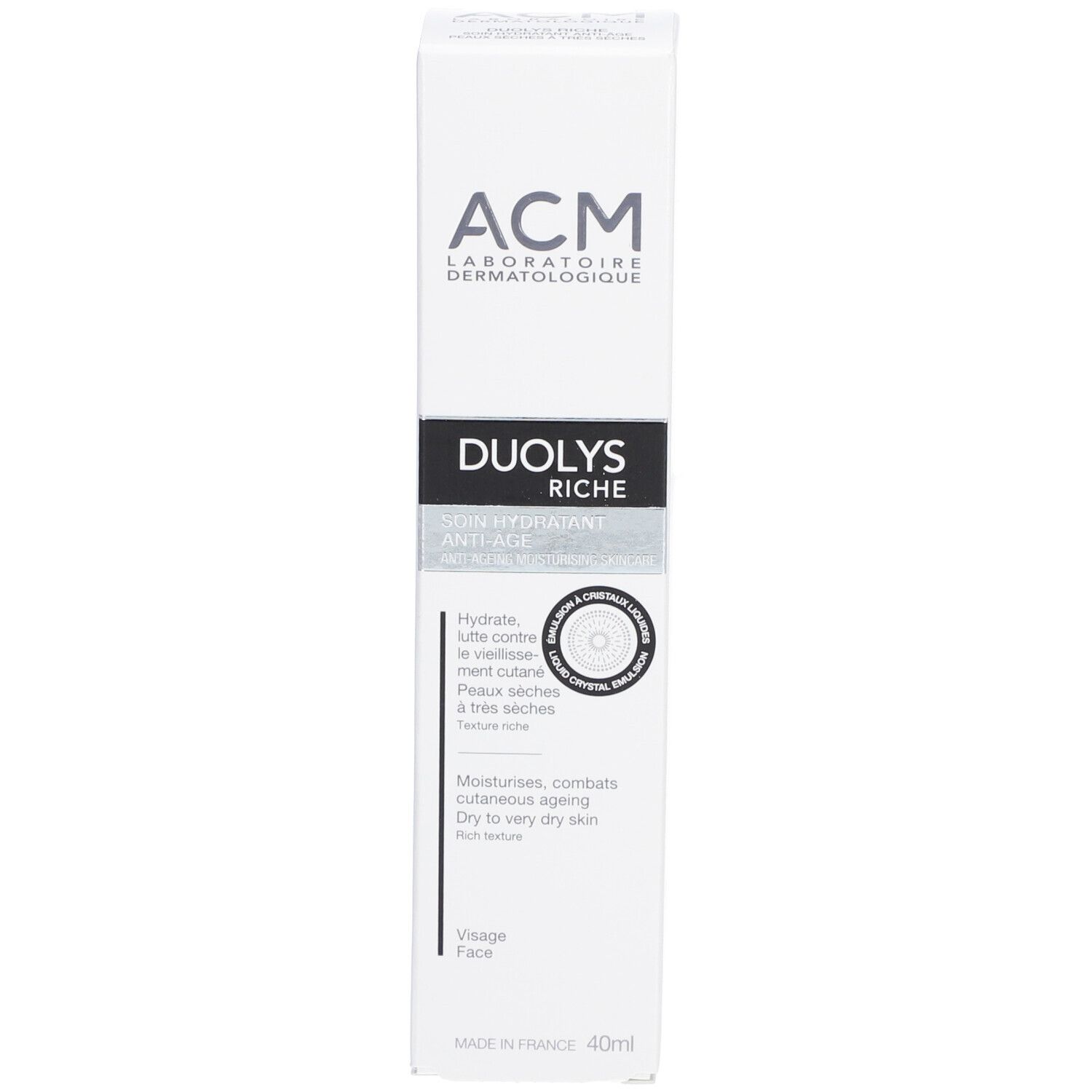 Boîte blanche avec informations sur le produit. Inscription: ACM, Duolys Riche. Pour peaux sèches. 40ml.