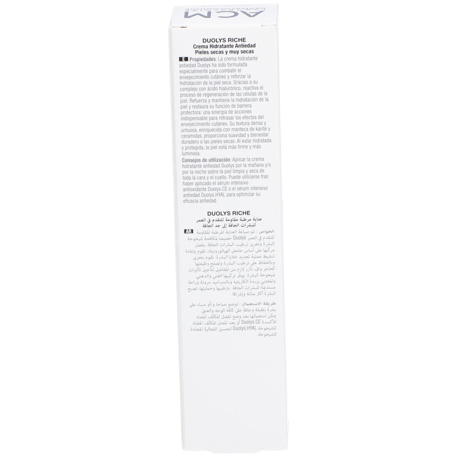 Boîte, côté. Texte multilingue. Description du produit et instructions d'utilisation.