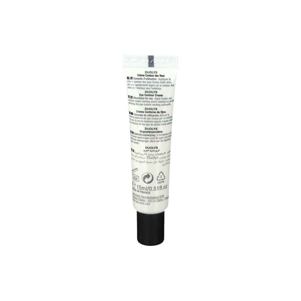 Rückseite der Creme-Tube. Mehrsprachiger Text, darunter Informationen zur Anwendung und Inhaltsstoffe.
