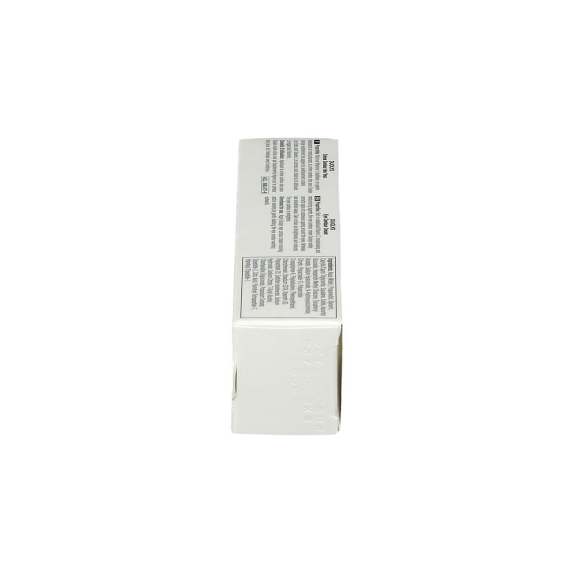 Seitenansicht der Produktverpackung. Mehrsprachiger Text, darunter Informationen zur Anwendung und Inhaltsstoffe.