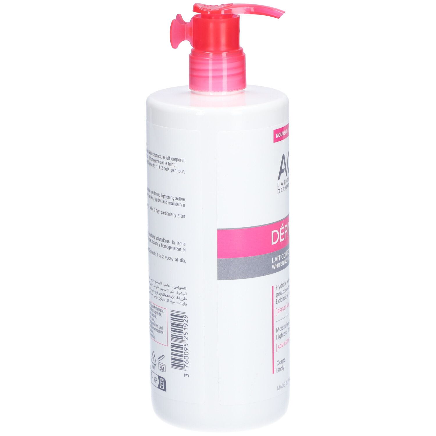 Weiße Flasche mit rosa Akzenten und Dosierpumpe. Aufschrift: ACM Dépiwhite Lait corporel éclaircissant. Rückseite mit Text.