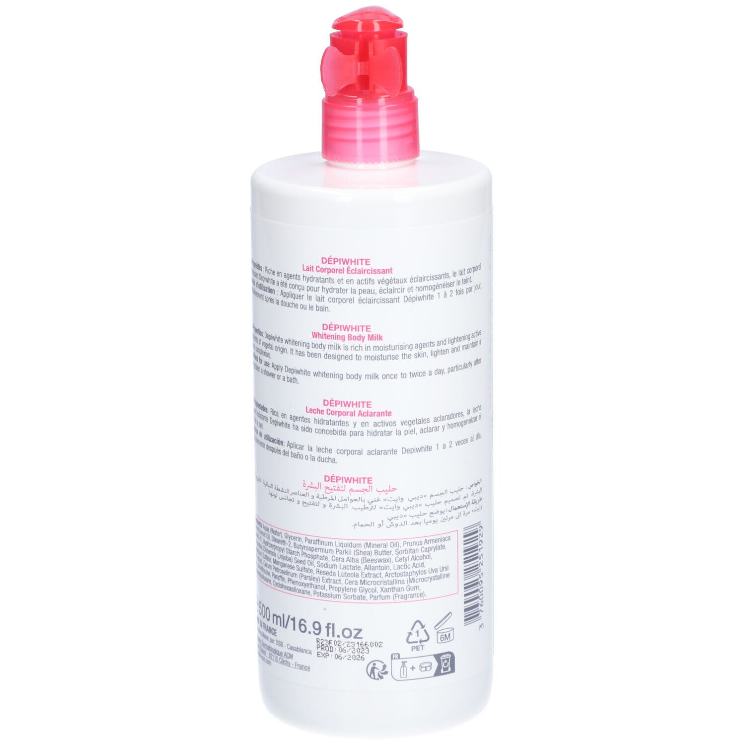 Weiße Flasche mit rosa Akzenten und Dosierpumpe. Aufschrift: ACM Dépiwhite Lait corporel éclaircissant. Rückseite mit Text.
