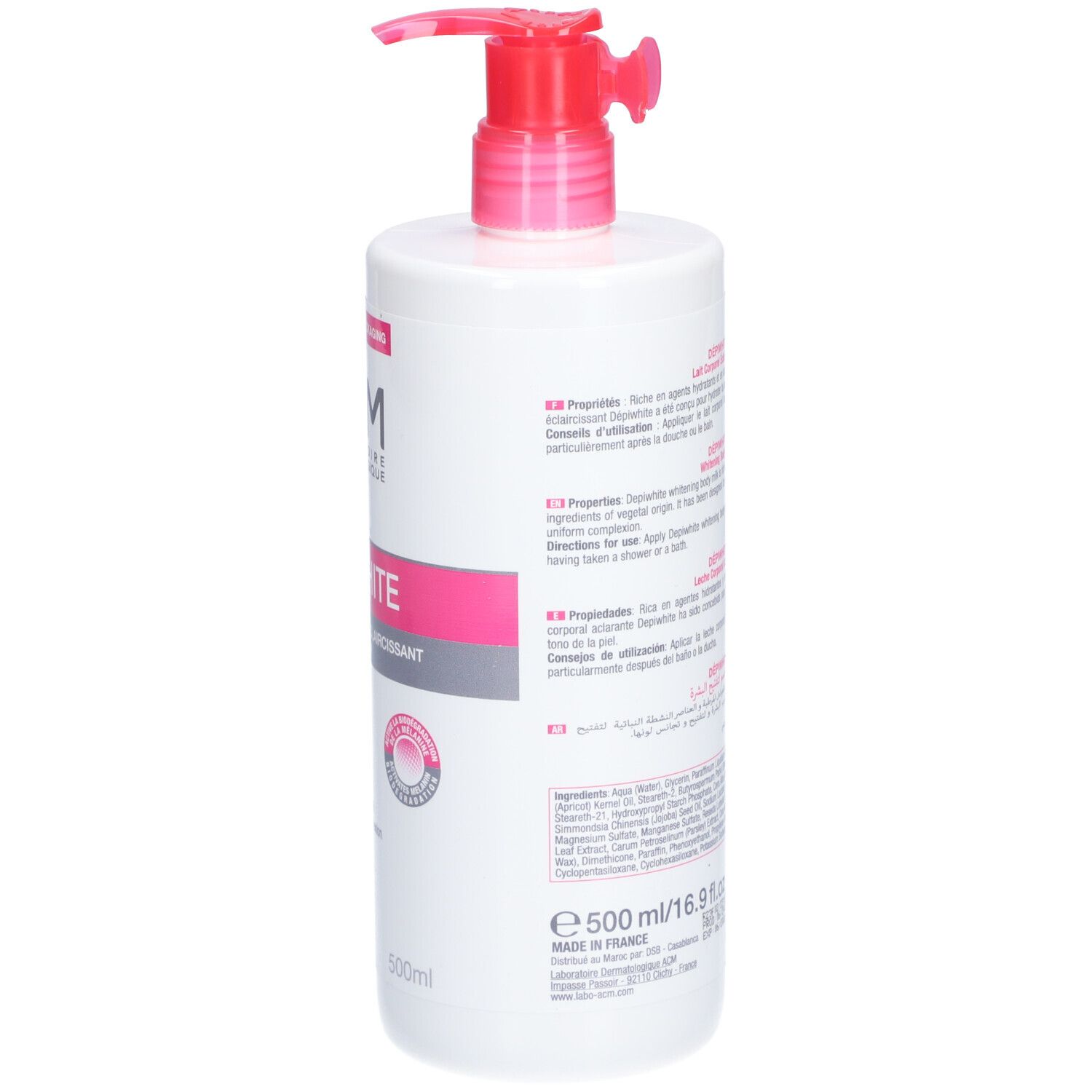 Weiße Flasche mit rosa Akzenten und Dosierpumpe. Aufschrift: ACM Dépiwhite Lait corporel éclaircissant. Rückseite mit Text.