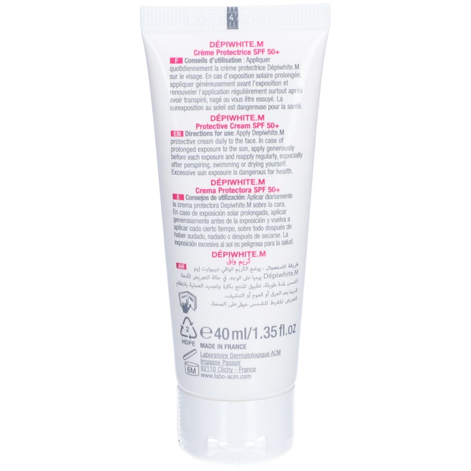 Dos du tube. Texte multilingue. Inscriptions: DÉPIWHITE.M Crème Protectrice SPF 50+. 40ml/1.35 fl.oz.