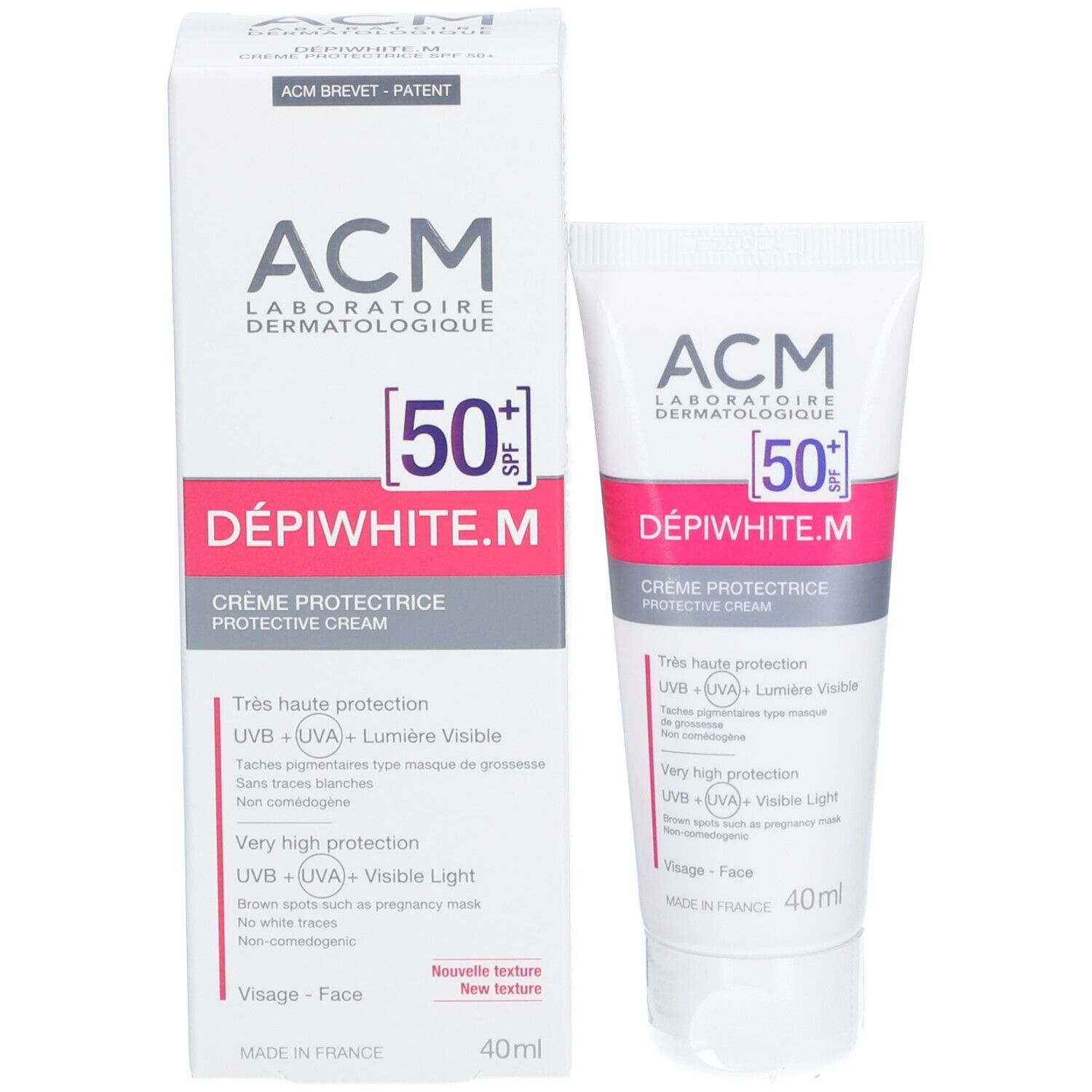 Emballage et tube. Emballage: blanc, accents roses. Tube: blanc, rayure rose. Inscriptions: ACM, SPF 50+, DÉPIWHITE.M.