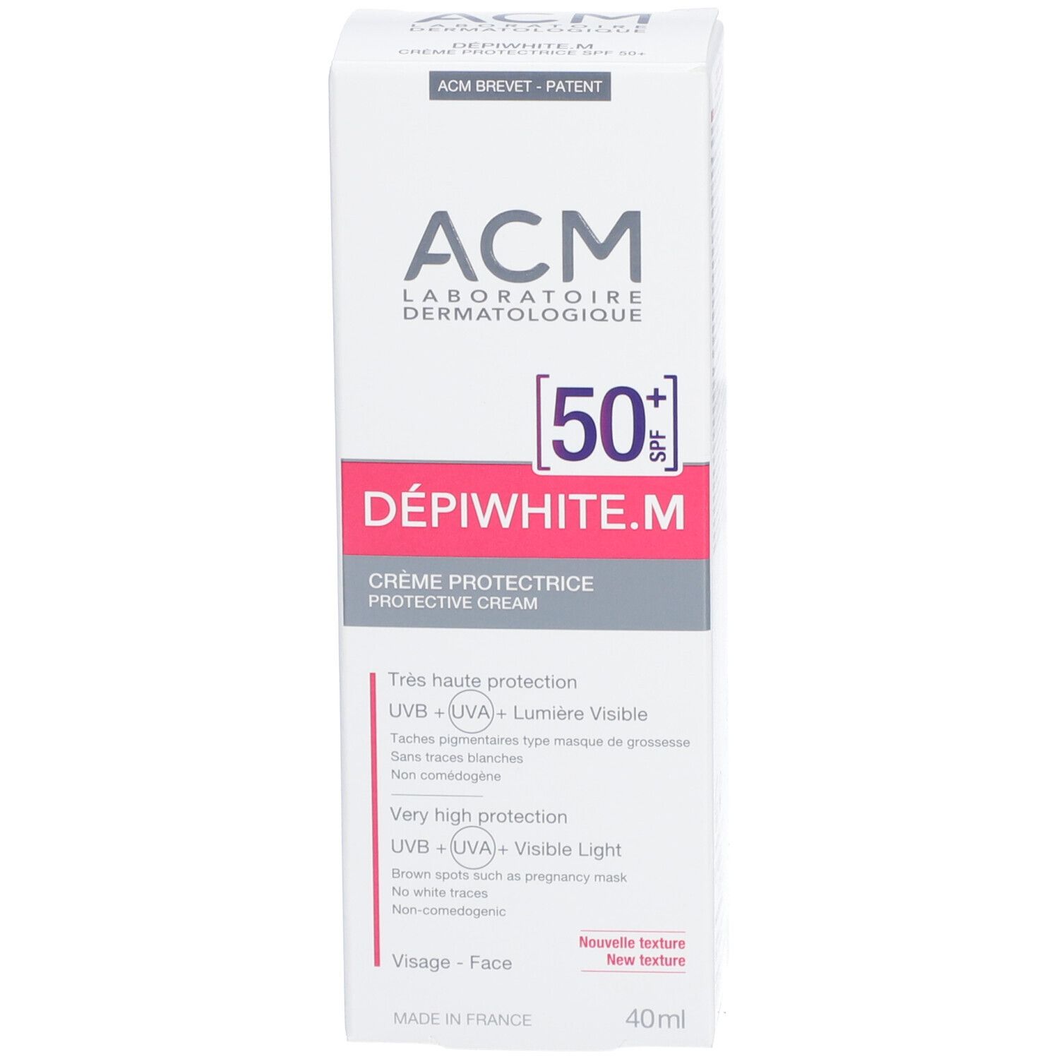 Emballage blanc avec accents roses. Inscriptions: ACM Laboratoire, SPF 50+, DÉPIWHITE.M, Crème protectrice. 40ml.