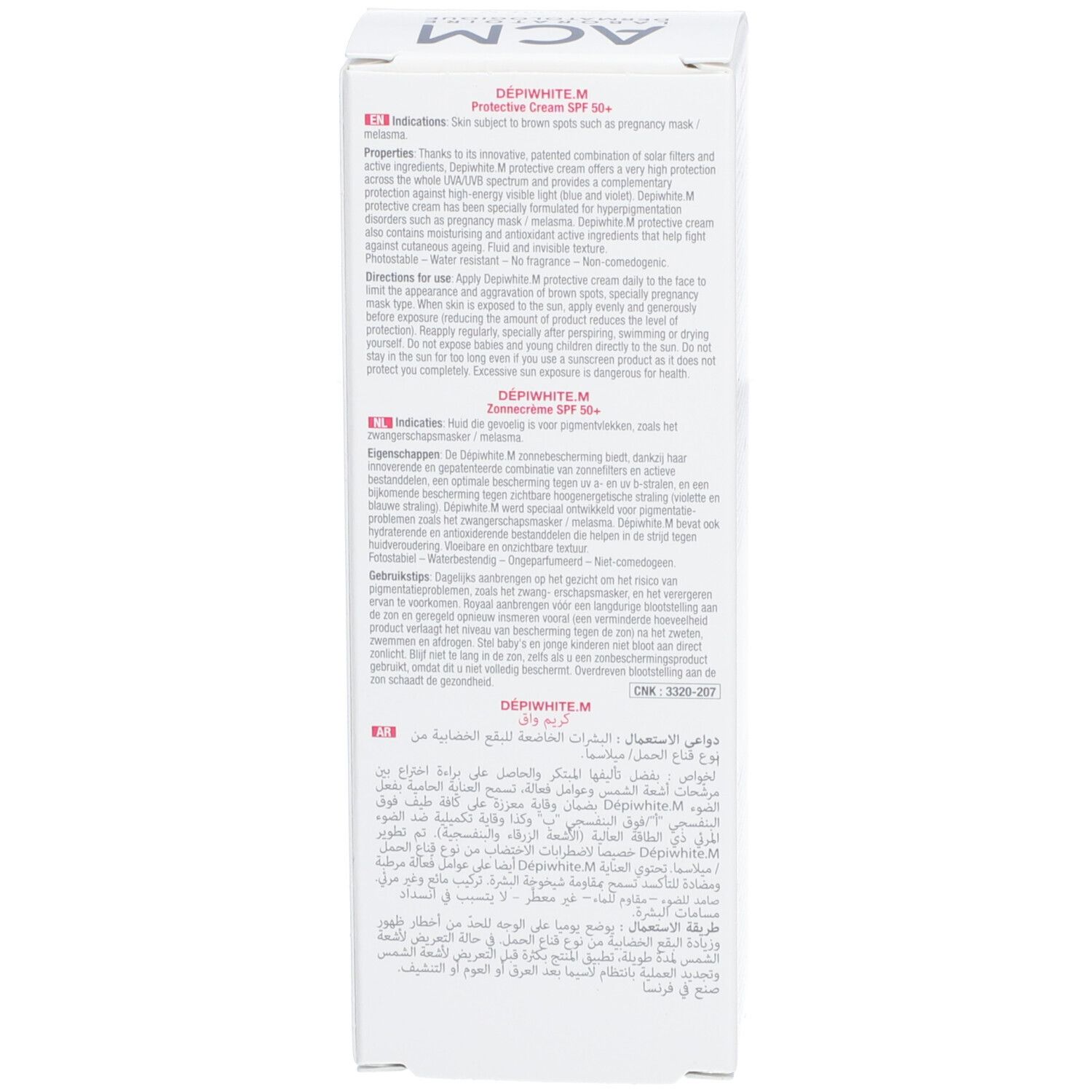 Vue latérale de l'emballage. Texte multilingue. Inscriptions: DÉPIWHITE.M Crème Protectrice SPF 50+.