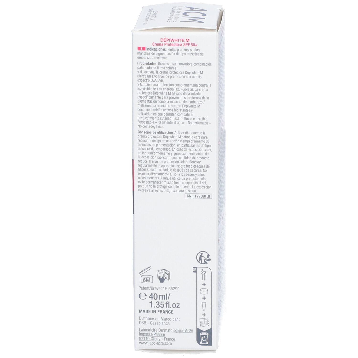 Vue latérale de l'emballage. Texte multilingue. Inscriptions: DÉPIWHITE.M Crème Protectrice SPF 50+.
