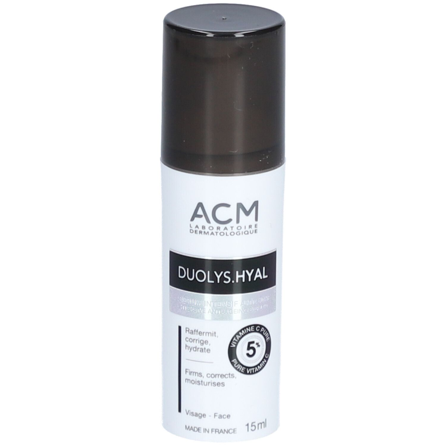 Sérum blanc avec bouchon noir. Inscriptions : ACM, Duolys.Hyal, 5% vitamine C. 15ml.
