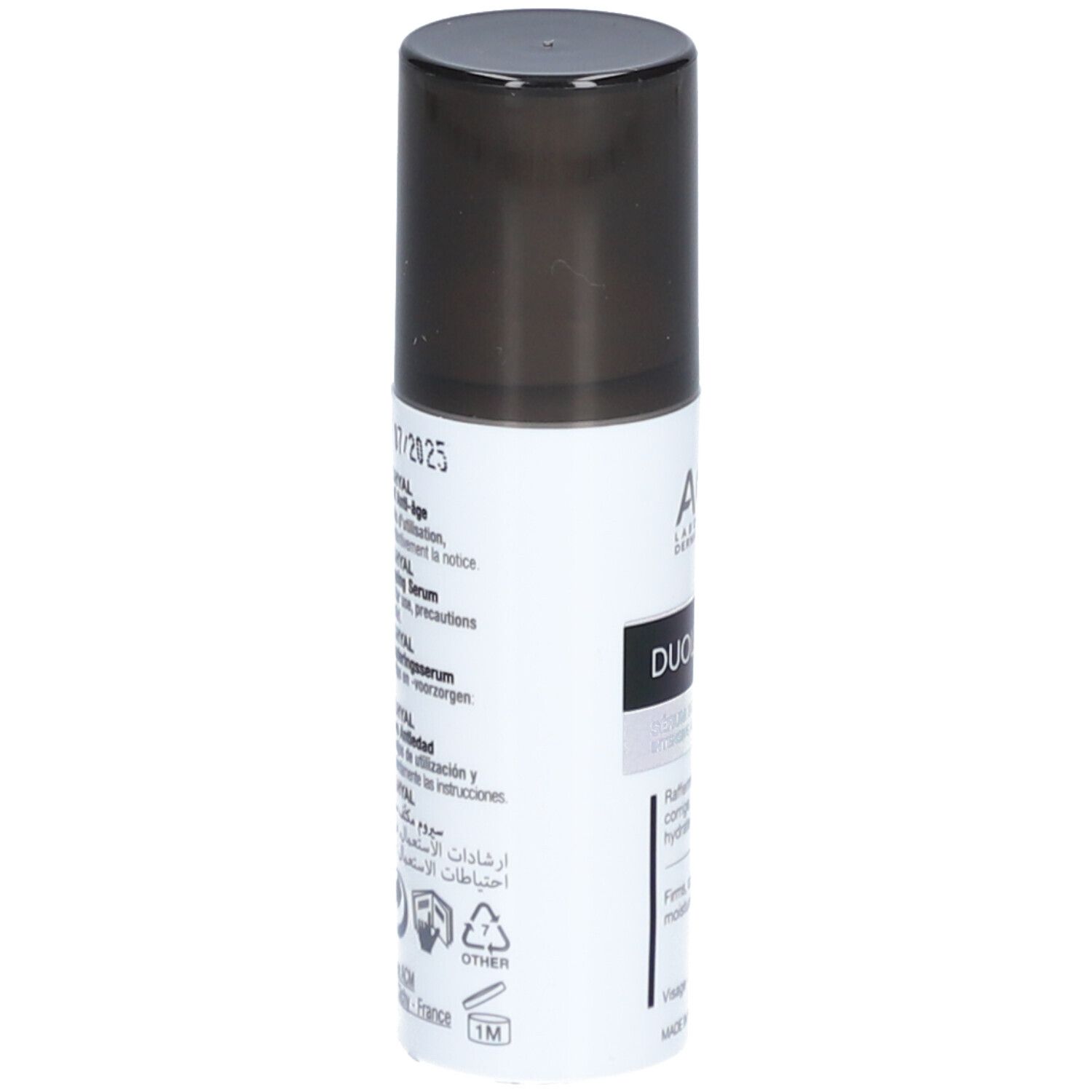 Dos du sérum. Texte multilingue. Inscriptions : Duolys.Hyal, 15ml, Fabriqué en France.