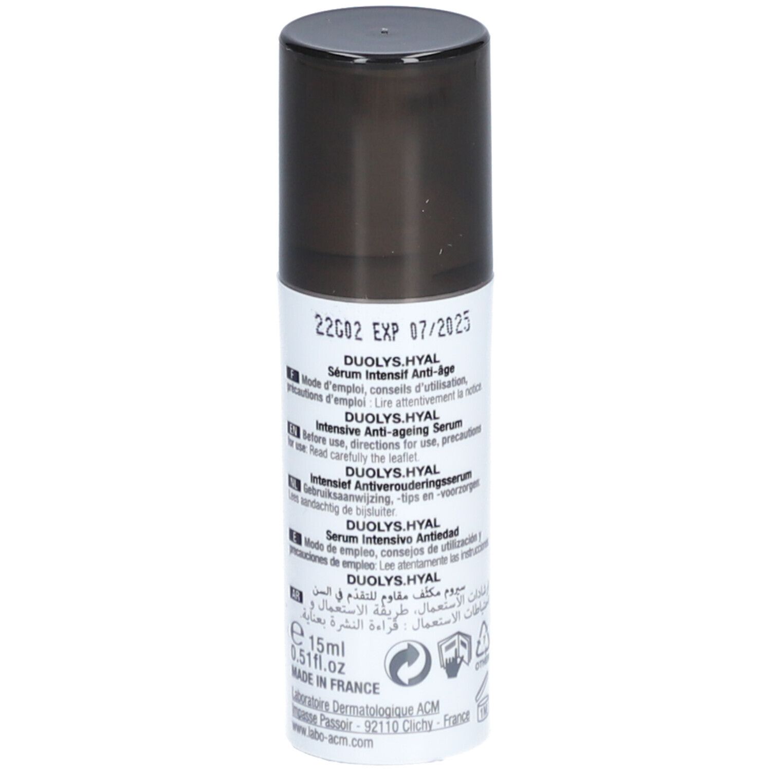 Dos du sérum. Texte multilingue. Inscriptions : Duolys.Hyal, 15ml, Expiration 07/2025.