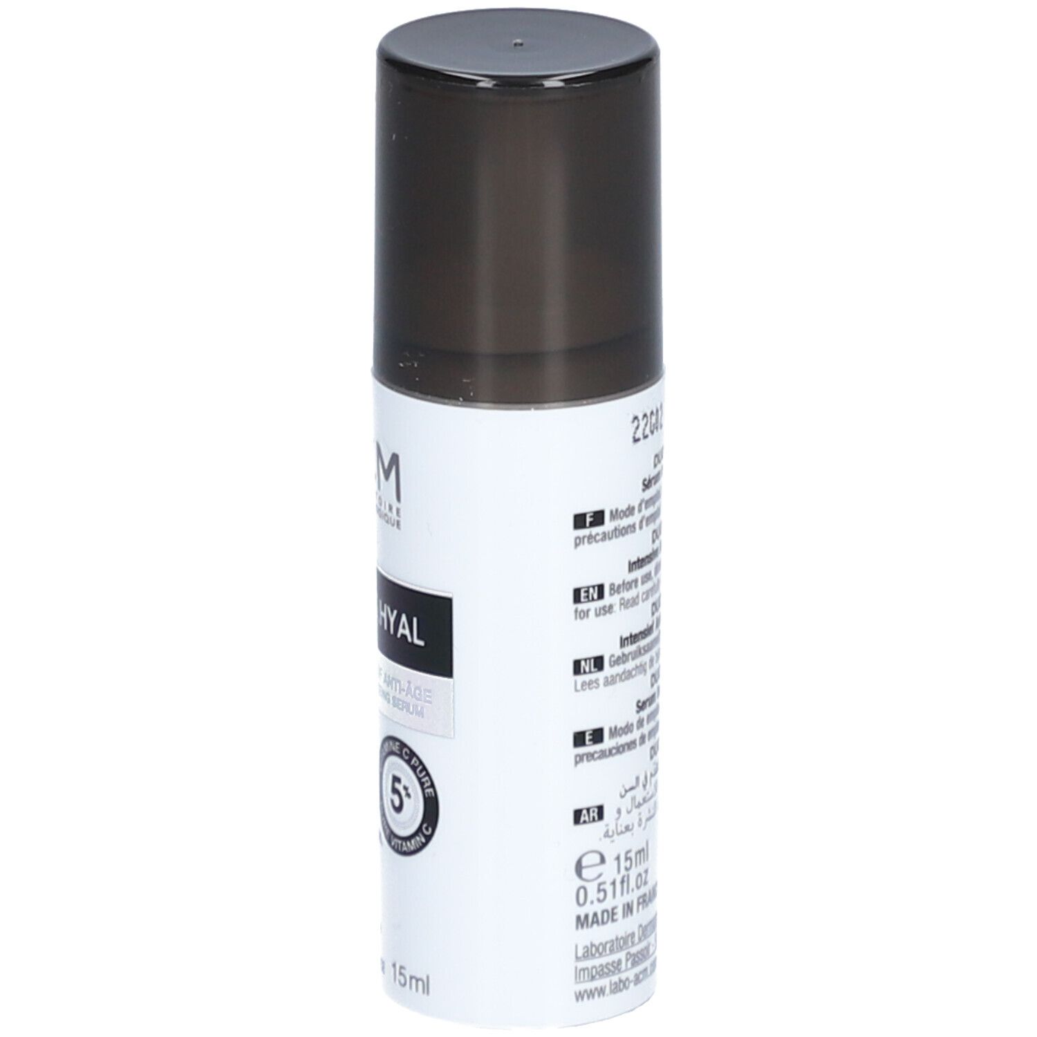 Dos du sérum. Texte multilingue. Inscriptions : Duolys.Hyal, 15ml, 0.51 fl.oz.