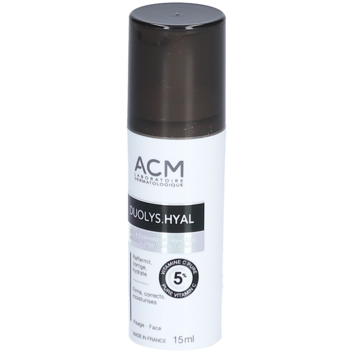 Sérum blanc avec bouchon noir. Inscriptions : ACM, Duolys.Hyal, 5% vitamine C. 15ml.