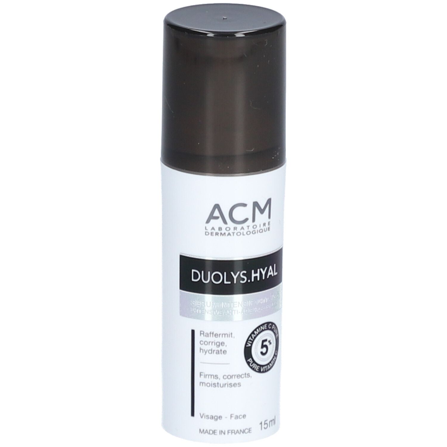 Sérum blanc avec bouchon noir. Inscriptions : ACM, Duolys.Hyal, 5% vitamine C. 15ml.