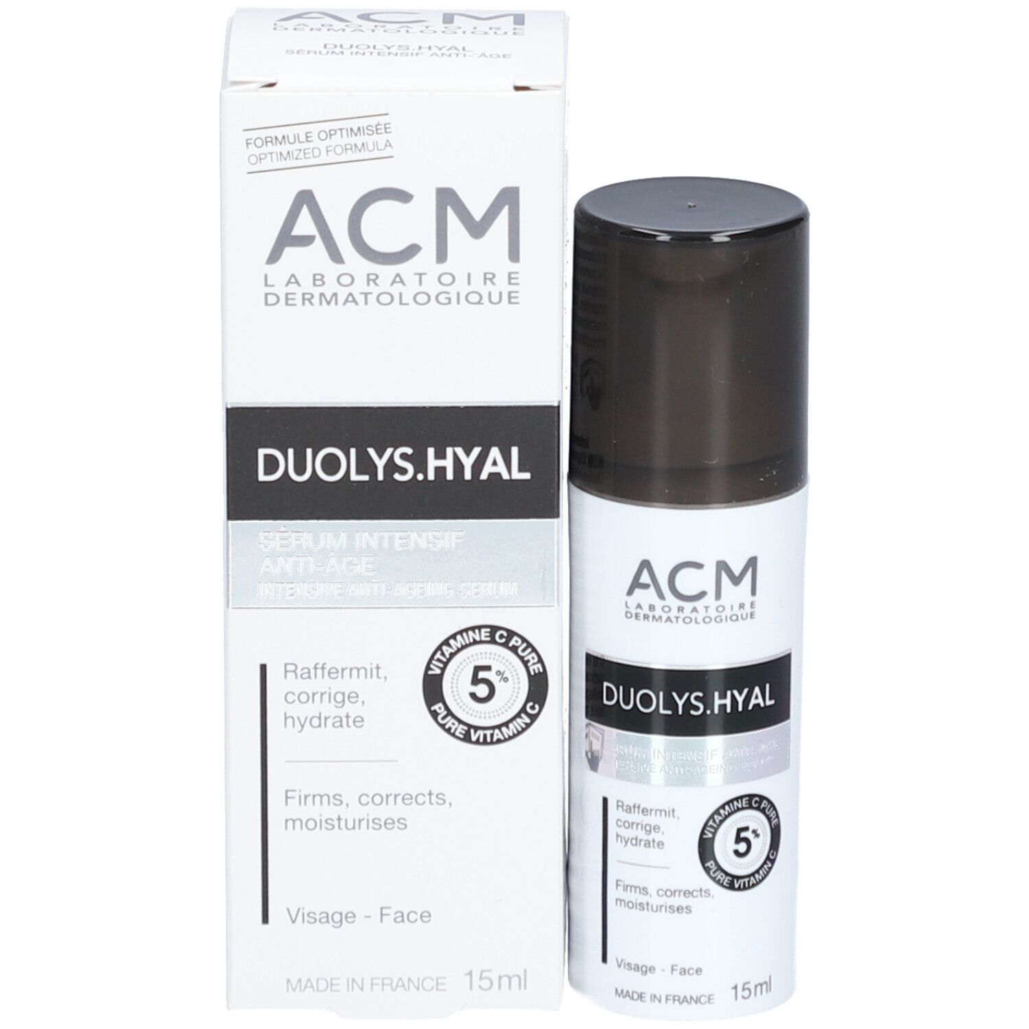 Sérum et emballage. Inscriptions : ACM, Duolys.Hyal, 5% vitamine C. 15ml. Formule optimisée.