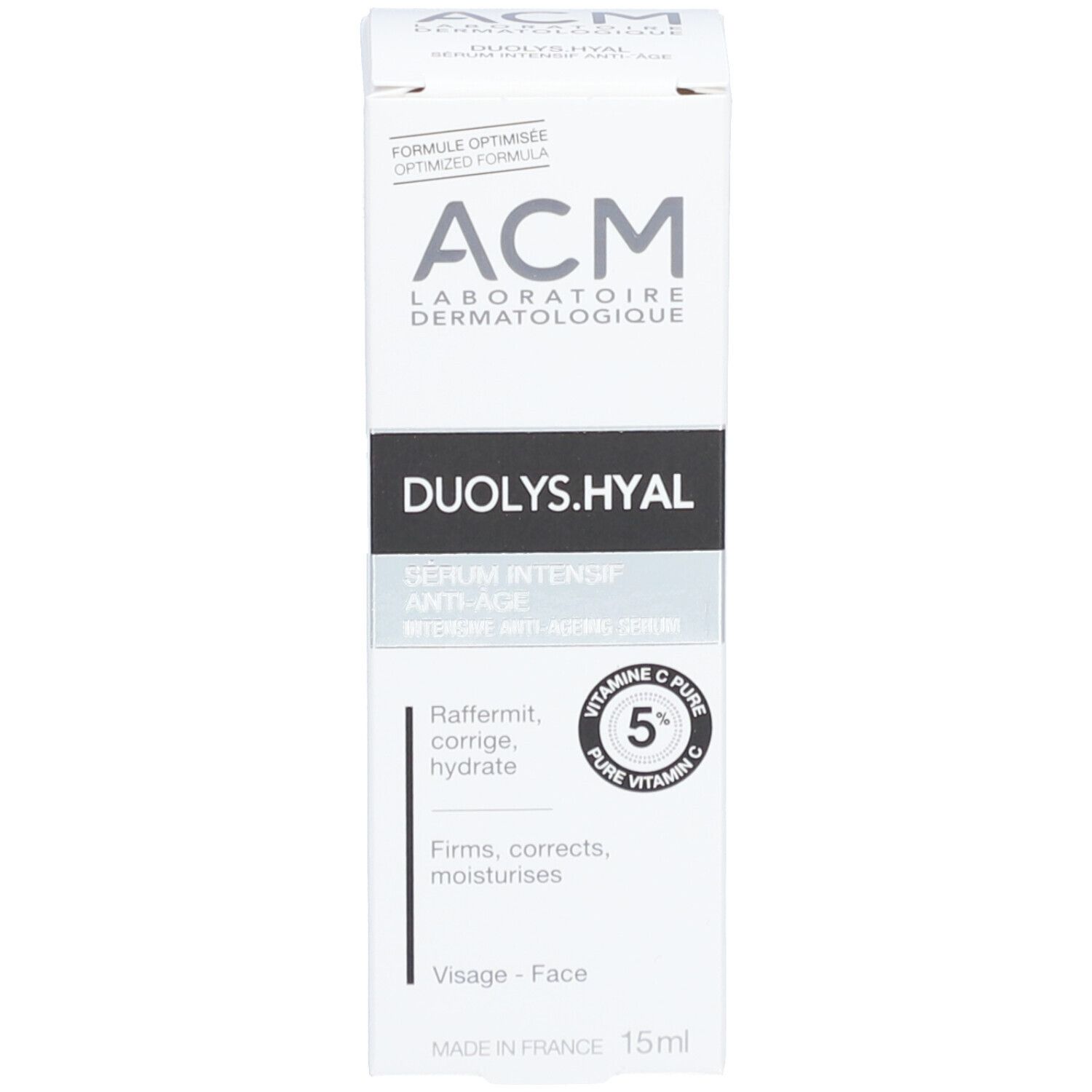 Emballage. Inscriptions : ACM, Duolys.Hyal, 5% vitamine C. 15ml. Formule optimisée.