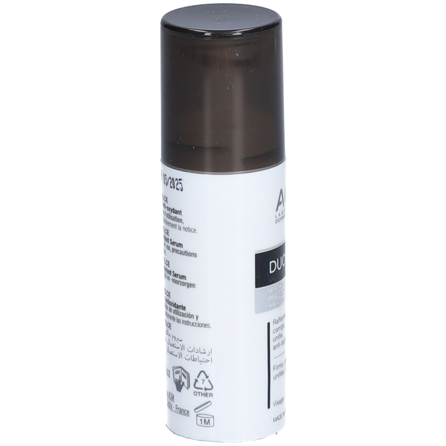 Weiße Flasche mit schwarzem Deckel. Aufschrift: Duolys.CE, Inhaltsstoffe, Vorsichtsmaßnahmen. 15ml.